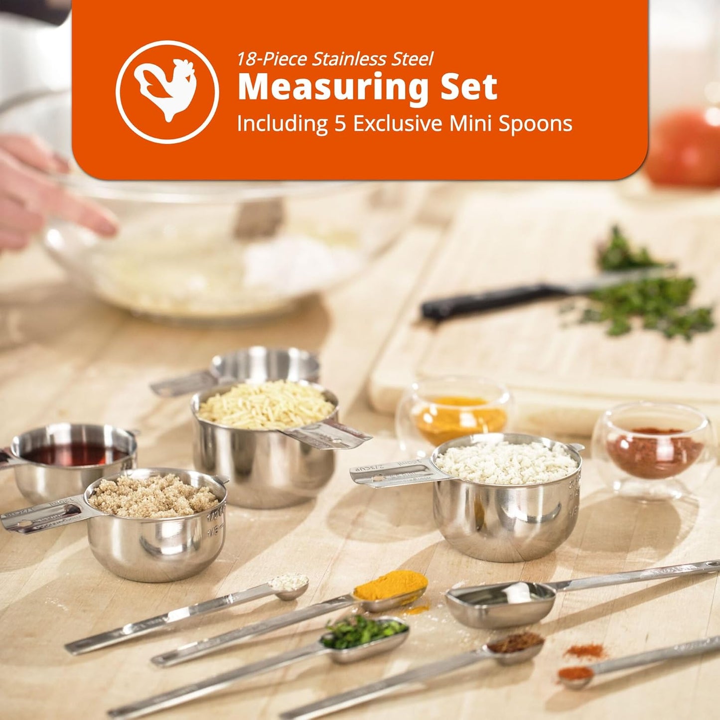 Heavy-Duty 304 Stainless Steel Measuring Cup Set (18-Piece) - Stackable, Dual Metric/US, Long & Narrow Spoons for Spice Jars + 5 Mini Spoons