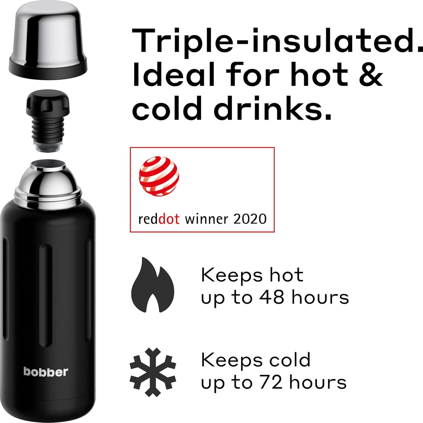 BOBBER 34 oz Stainless Steel Travel Thermos for Hot and Cold Drinks – Dishwasher Safe Metal Water Bottle with Cup Lid – Keeps Hot for 48 Hours – BPA-Free, Vacuum Insulated (Black Coffee)