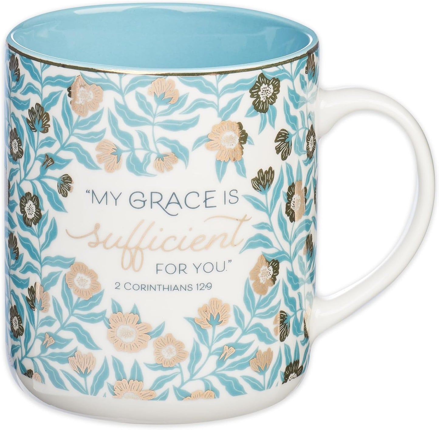 Christian Art Gifts Teal Floral Ceramic Coffee Mug – 14 oz. Lead and Cadmium-free Inspirational Scripture Coffee and Tea Mug for Women with Bible Verse: My Grace is Sufficient – 2 Corinthian 12:9