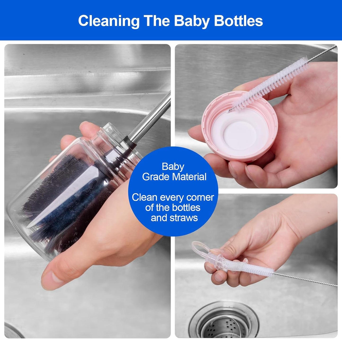 Bottle Brush, Long Stainless Steel Handle Water Bottle Brush Cleaner, Sports Bottle Scrubber, Kitchen Scrub Cleaning Brushes for Beer Bottles, Cups, Wine Glasses, Coffee Mugs, Tumblers, Thermos