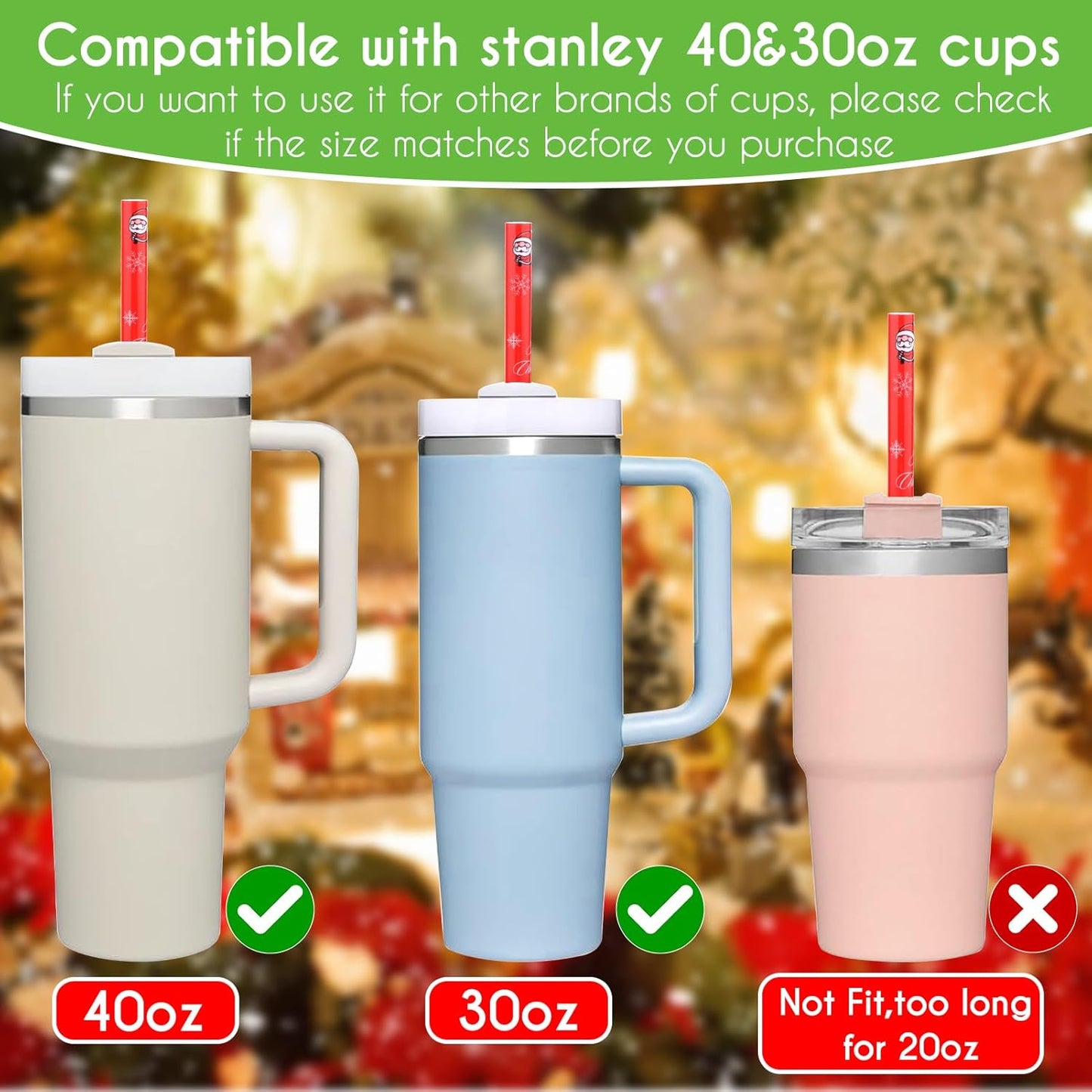 AIERSA 6 Pack Christmas Straw Replacement for Stanley 30&40oz,Plastic Reusable Straw for Stanley Tumbler,Long Straws with Cleaning Brush for Stanley Cup Accessories
