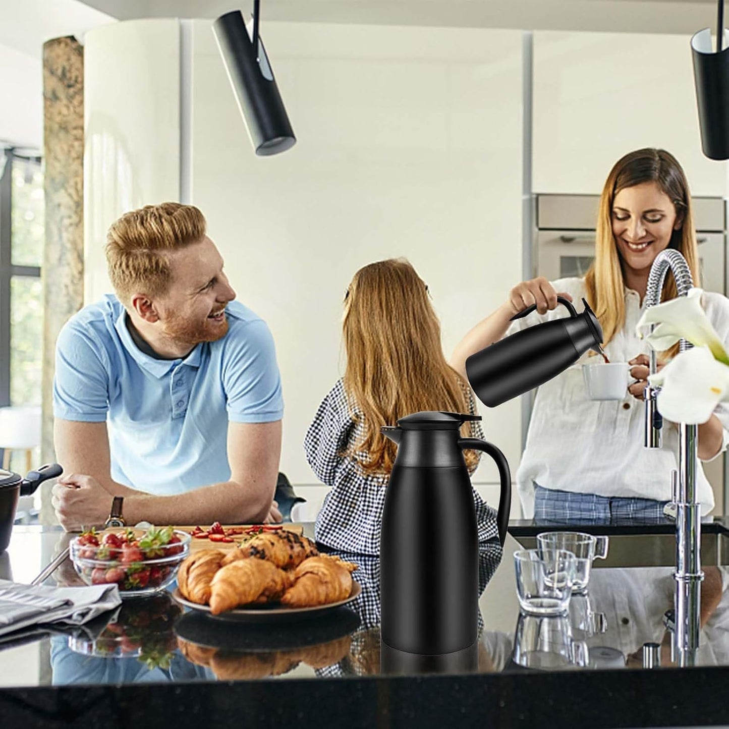 68oz Thermal Coffee Carafe, 2 Pack Airpot Insulated Coffee Urns Stainless Steel Vacuum Thermal Pot Dispenser for Coffee, Hot Water, Tea, Hot Beverage - Keep 12 Hours Hot, 24 Hours Cold (Black)