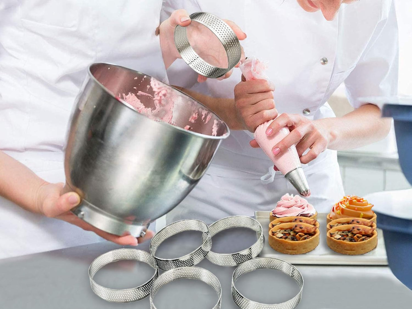 NewlineNY Stainless Steel French Pastry Tart Ring Baking Kit - 6 Perforated Round Dessert Rings + 3 Nozzles + 1 Sample Decorating Piping bag Kit