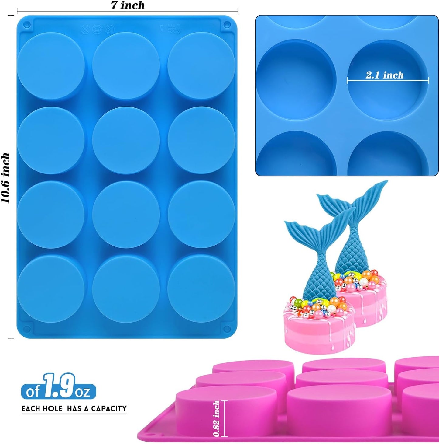 Sakolla 3 Pcs Round Chocolate Cookie Molds, 12-Cavity Cylinder Silicone Molds, Perfect for Chocolate Covered Cookie, Cake, Candy, Pudding, Mini Soap (2 Rose Red & 1 Blue)