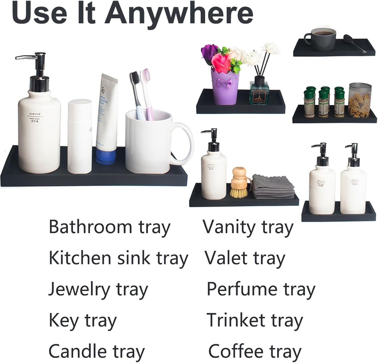 DNC Bathroom Vanity Tray for Counter, 2PC (7.9" +11.8") Silicone Kitchen Sink Soap Tray for Countertop Dish Holder Dispenser Toilet Tank Desk Organizer Black