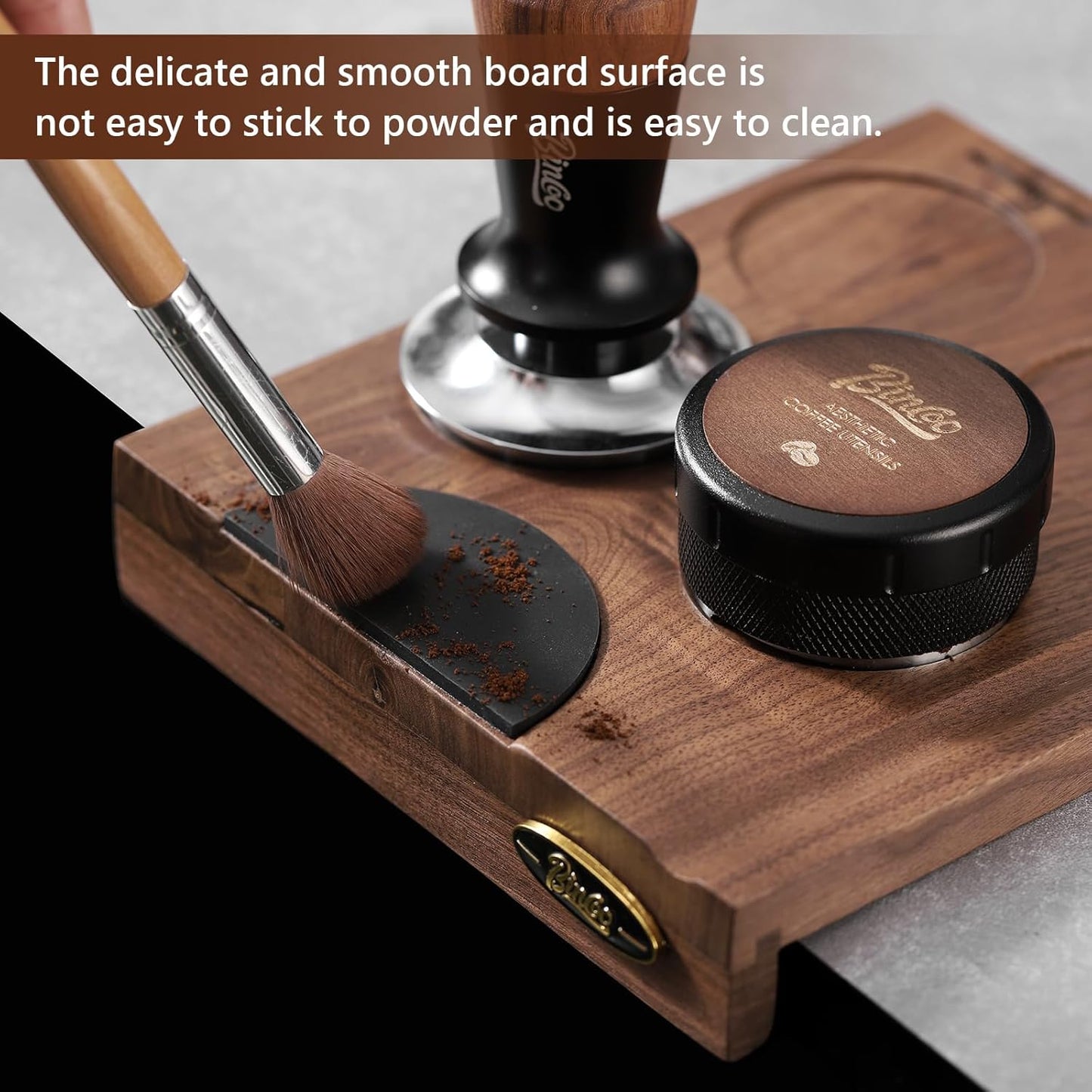 Bincoo Wooden Corner Coffee Tamper Mat,Espresso Tamper Station,Suit for 51-58mm Coffee Tamper Holder Pad for Baristas Protect Your Worktop (Brown)