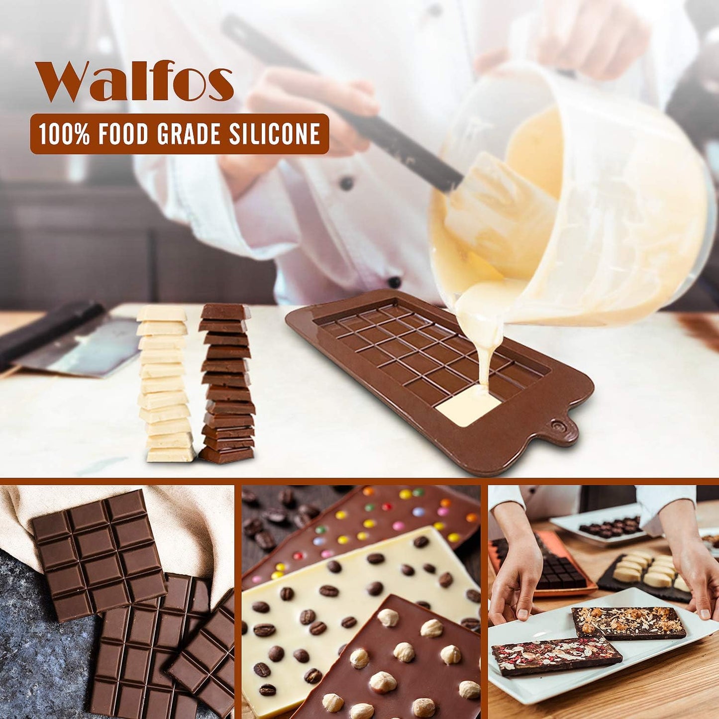 Walfos Break-Apart Chocolate Molds, Non-Stick Silicone Chocolate Bar Mold, Food Grade Candy Bar Mold, Perfect for Energy Bar, Cocoa Mini Bar, Basic Bites, 4 Pack