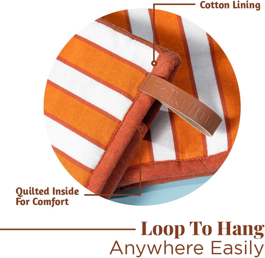 Folkulture Mini Oven Mitts Heat Resistant | (5.75x9) Set of 2 Short Orange Fall Oven Mitts with Hanging Loop | 100% Cotton Oven Gloves | Fall Essentials, Small Rust Orange Silicone Oven Mits