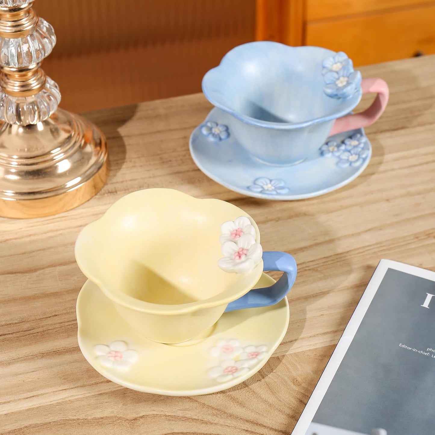 Floral Tea Cups and Saucers, Ceramic Cute Coffee Mug for Women Tea Party, Cappuccino Latte Milk (Yellow)