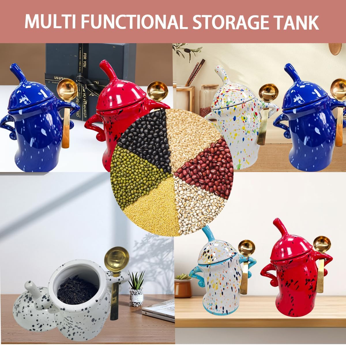 Canister With Attitude - 1.2L Ceramic Storage Jar with Lid, Airtight Kitchen Canisters Set for Coffee, Sugar & Tea | Farmhouse Flour Sugar Storage Container, Handmade with Spoon Rest (Blue)