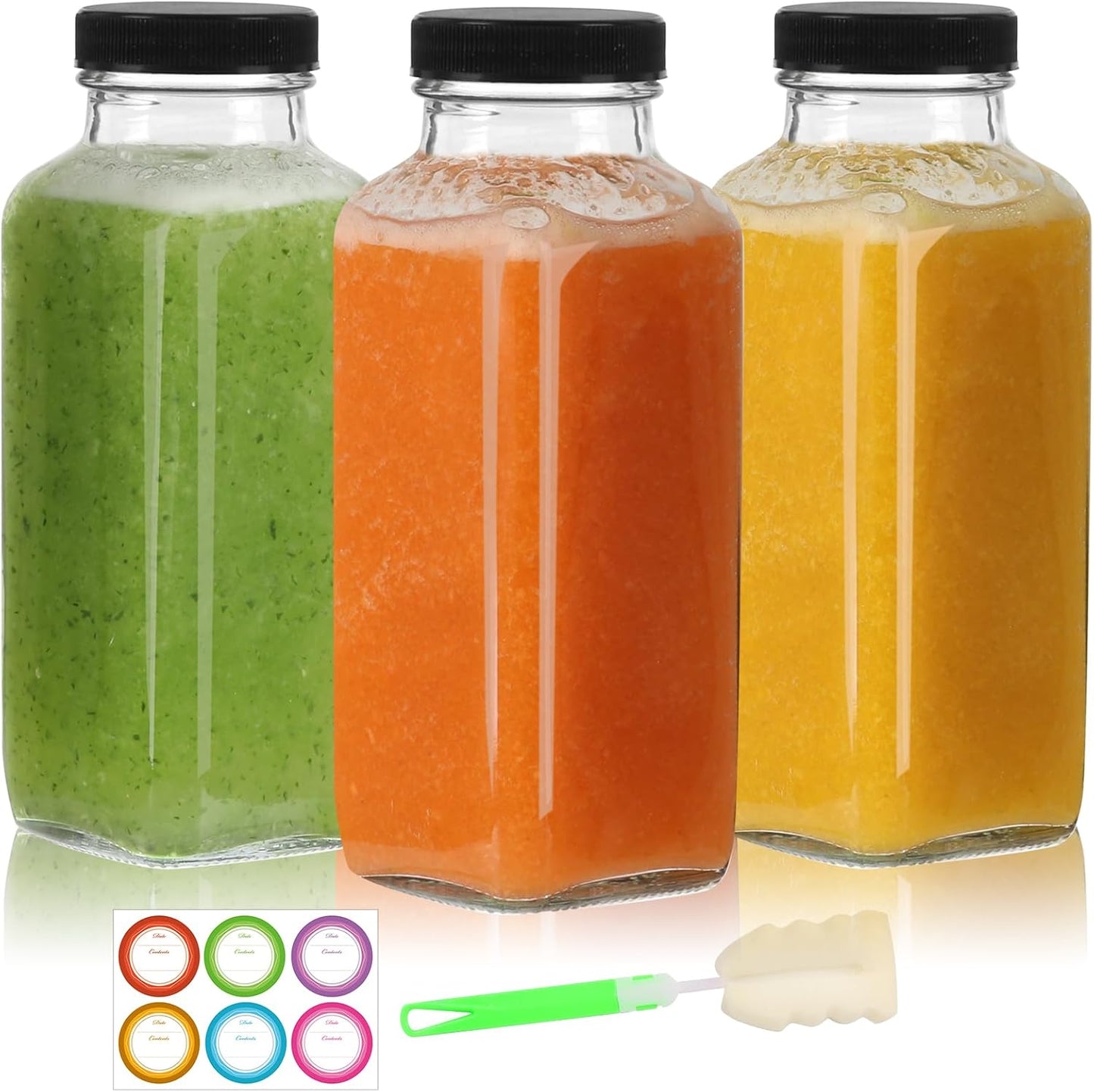 12 oz Glass Juice Bottles with Lids 3 Pack,Reusable Glass Drink Bottles,350ml Water Drinking Jars for Milk,Juicing,Kombucha,Ginger,Beverage Glassware,Juice Drinking Jars