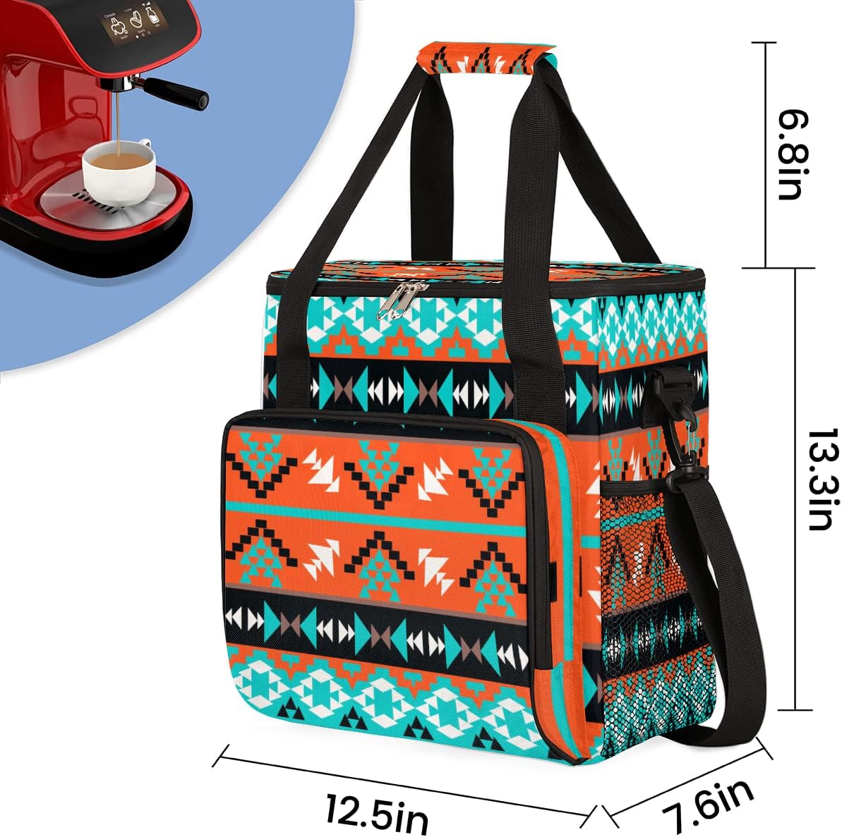 Ethnic Geometric Boho Coffee Maker Carring Bag Travel Storage Tote Bag Compatible with Keurig K-Mini or K-Mini Plus Portable Single Serve Coffee Brewer Case with Pockets for K-cup Pods