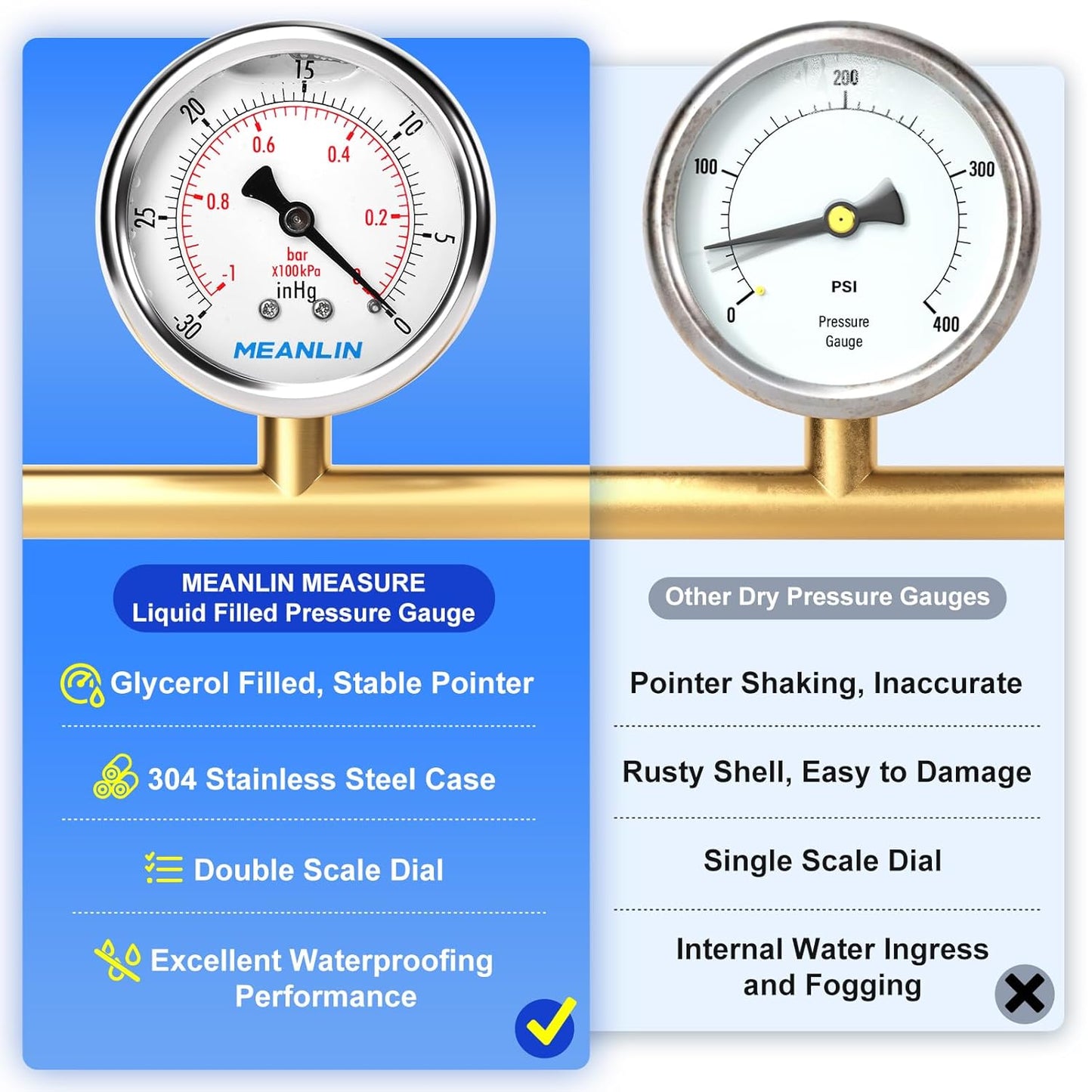 MEANLIN MEASURE -30inHG~0Psi Stainless Steel 1/4" NPT 2.5" FACE DIAL Vacuum Pressure Gauge, Center Back Mount, with 1/4" x 1/2" NPT and 1/4" x 3/8" NPT Hex Bushing