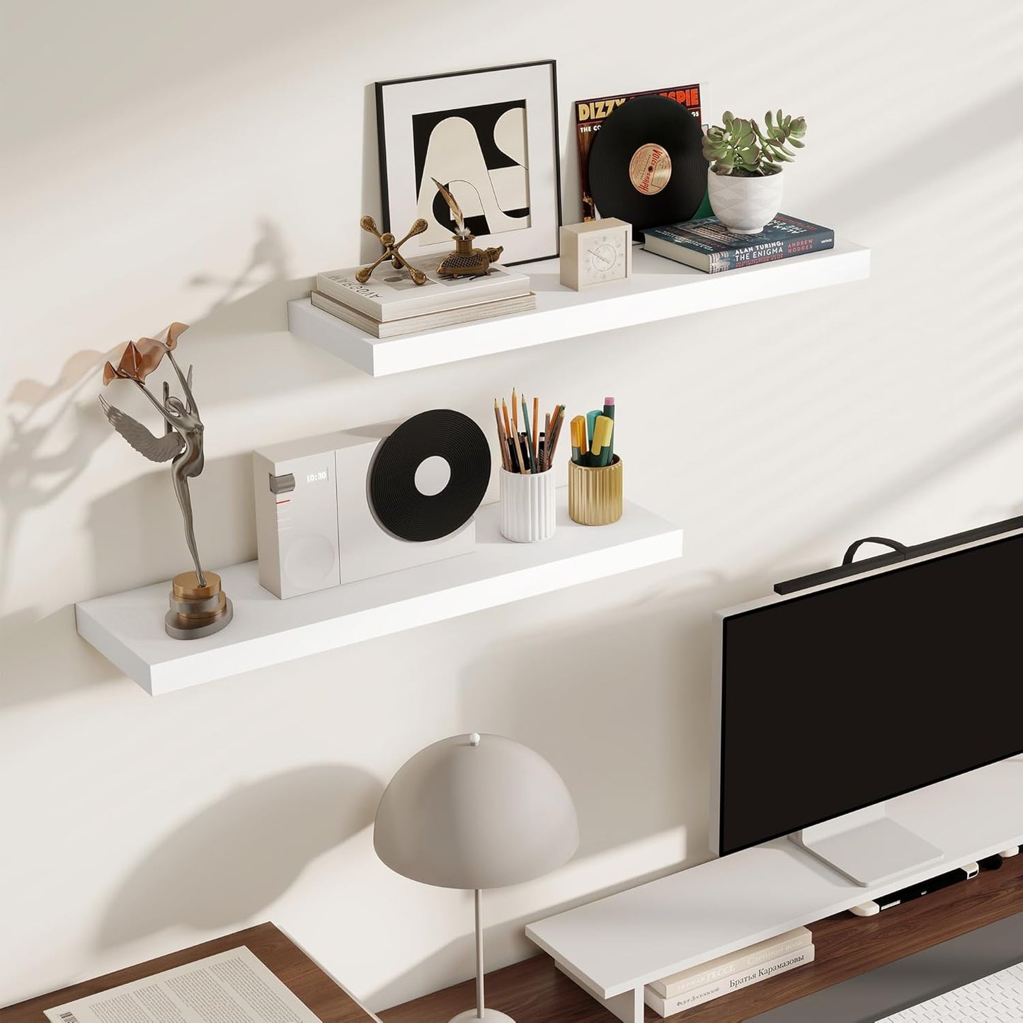 Fun Memories Rustic Floating Shelves for Home Decor, 8 Inch Deep Floating Shelf, Solid Wood Floating Wall Shelves 30 Inch Long, Deep Wall Shelves for Bathroom, Living Room, White Finsh, Set of 2