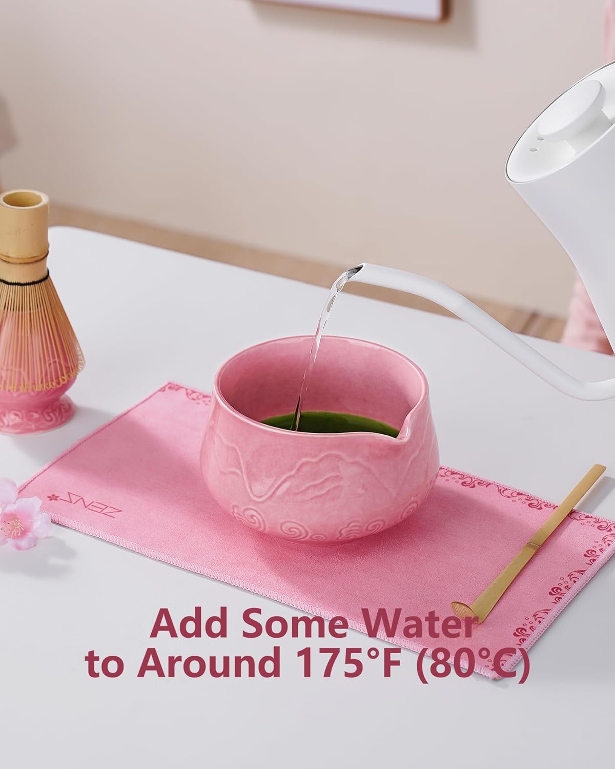 ZENS Pink Matcha Set, Matcha Whisk Set Includes Ceramic Bowl, Matcha Whisk and Chasen Holder, Bamboo Scoop-Tea Towel, 5pcs Matcha Kit Set for Matcha Lovers, Sakura Pink