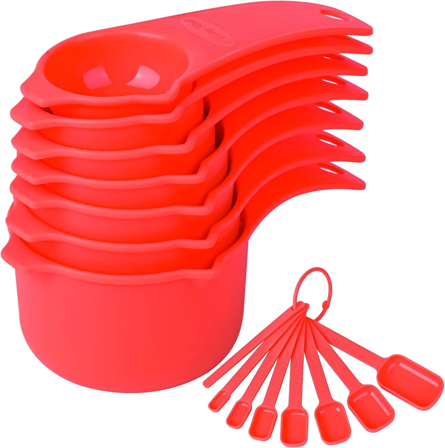 Red Measuring Cups and Spoons Set 15, 7 Plastic Measuring Cup Set, 7 Spice Long Handle Measuring Spoons with 1 Leveler for Kitchen and Baking, Dry Metric Measure Cups & Spoons Set
