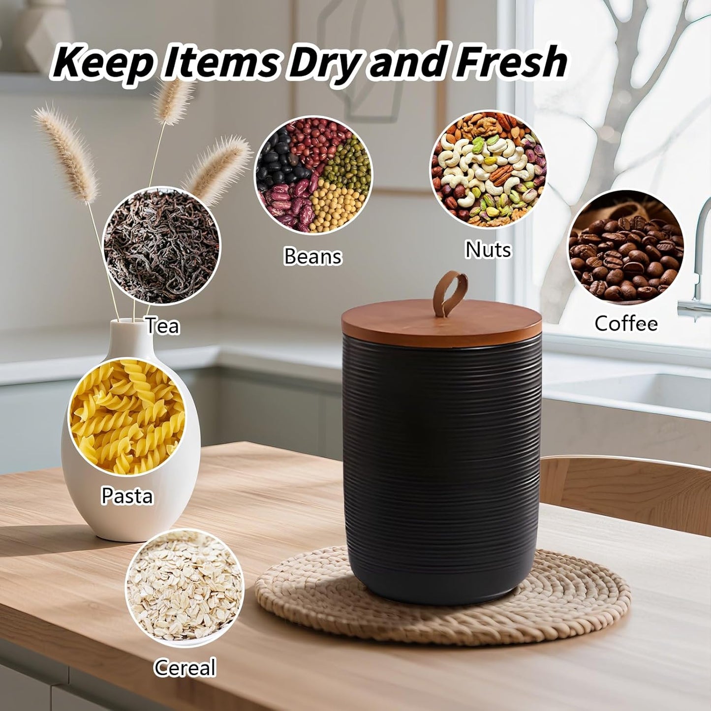 Food Storage Jar Strong Ceramic Storage Canisters with Airtight Wooden Lid,Kitchen Storage Containers for Serving Coffee Beans, Tea, Sugar, Salt, Spices (Black three-piece set)