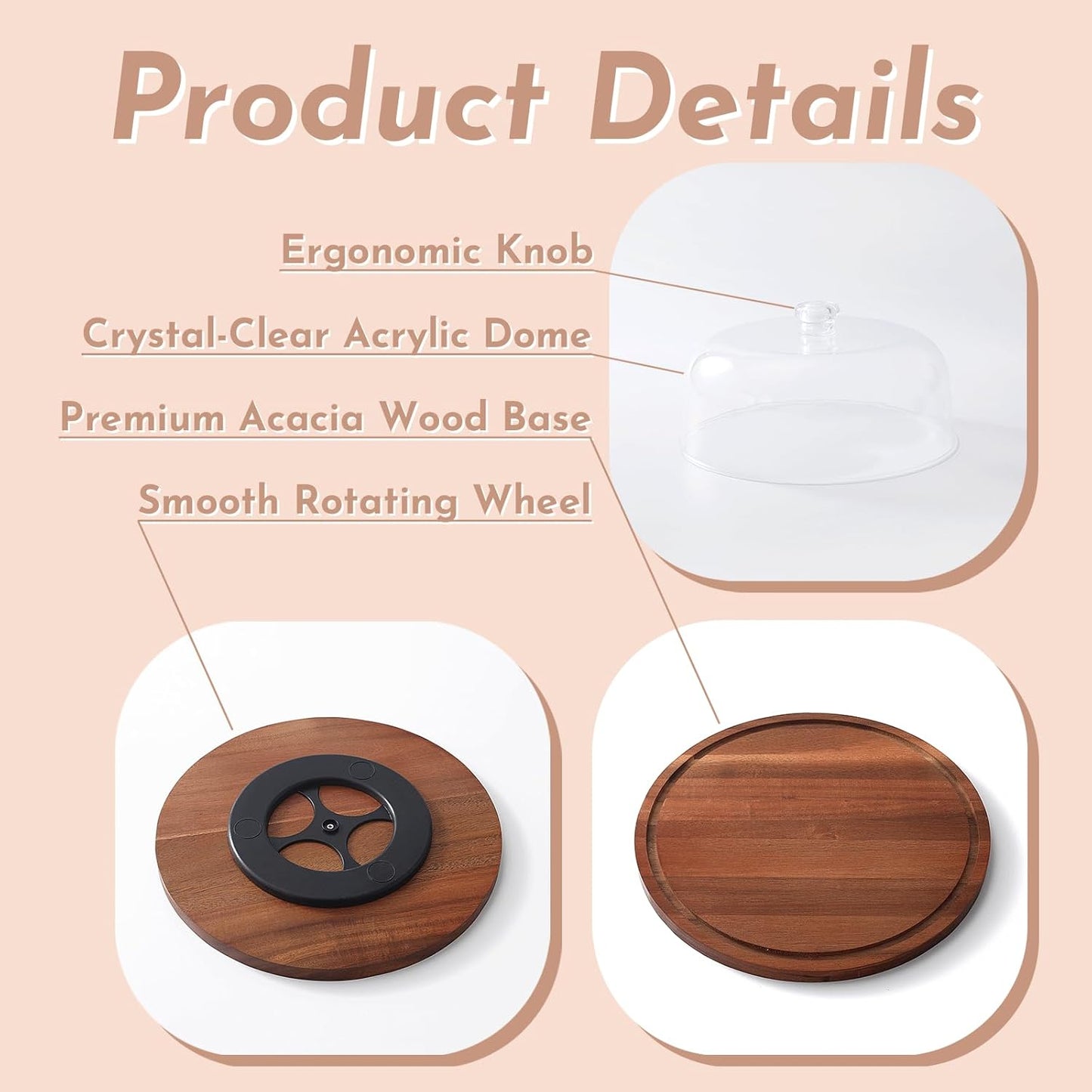 Acacia Wood Cake Stand with Acrylic Dome Lid, Cake Holder 360° Rotating, Dessert Display Stand with Dome Cover, Charcuterie Boards for Cheese, Chips, Fruit, Cake Board, Cake Plate for Party, Wedding