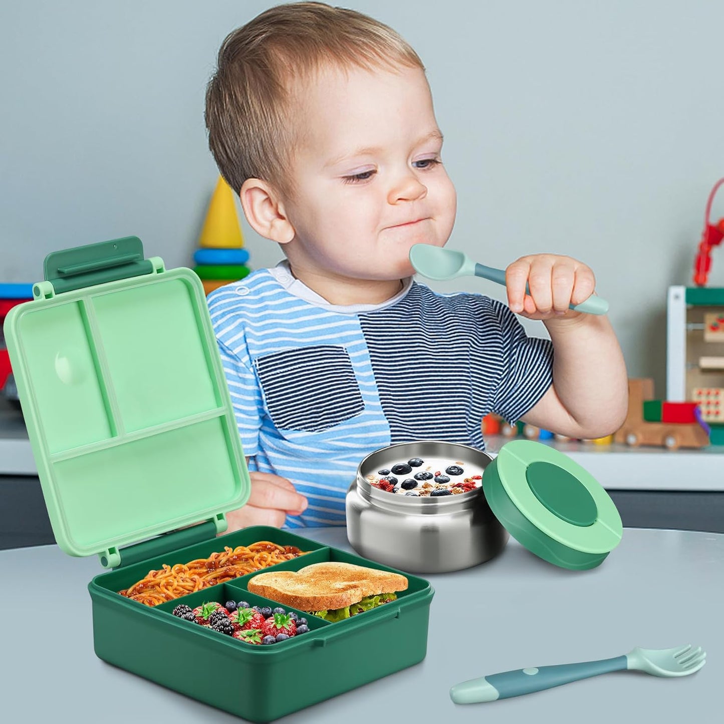 Bento Lunch Box for Kids with 8oz Soup Thermo&Lunch Bag, Leak-Proof Lunch Food Containers with 4 Compartment, Hot Food Insulated Food Jar for Kids School (Green)