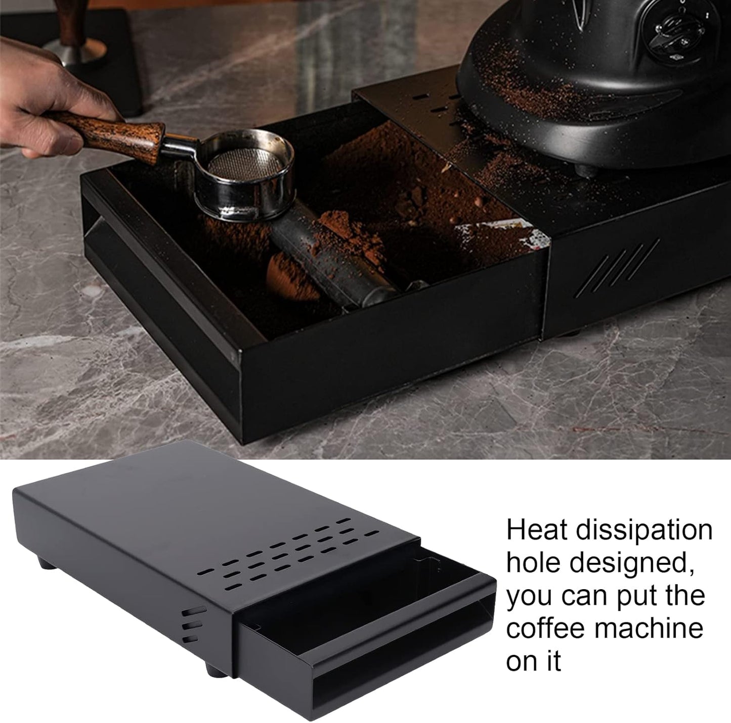 Coffee Knock Box Drawer, Stainless Steel Espresso Knock Box with Six Non Slip Feet, Removable Rubber Lever, Coffee Ground Container, for Household Shop (Black)