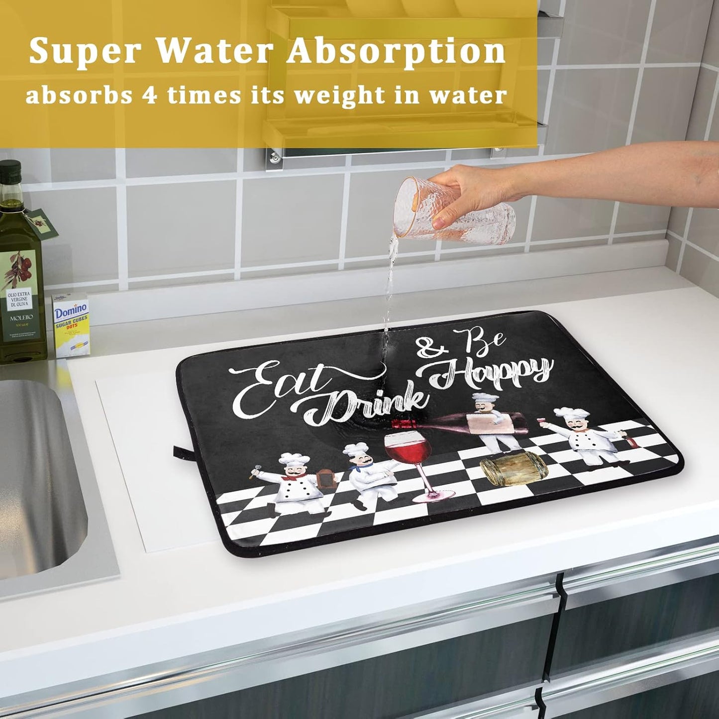 Bistro Fat Chef Dish Drying Mat 18x24 Anti Fatigue Wine Plump Italian Red Glass Drainer Mat Black White Chubby Pasta Cook Check Dishes Pad Buffalo Plaid Dish Drainer Rack Mats Kitchen Decor