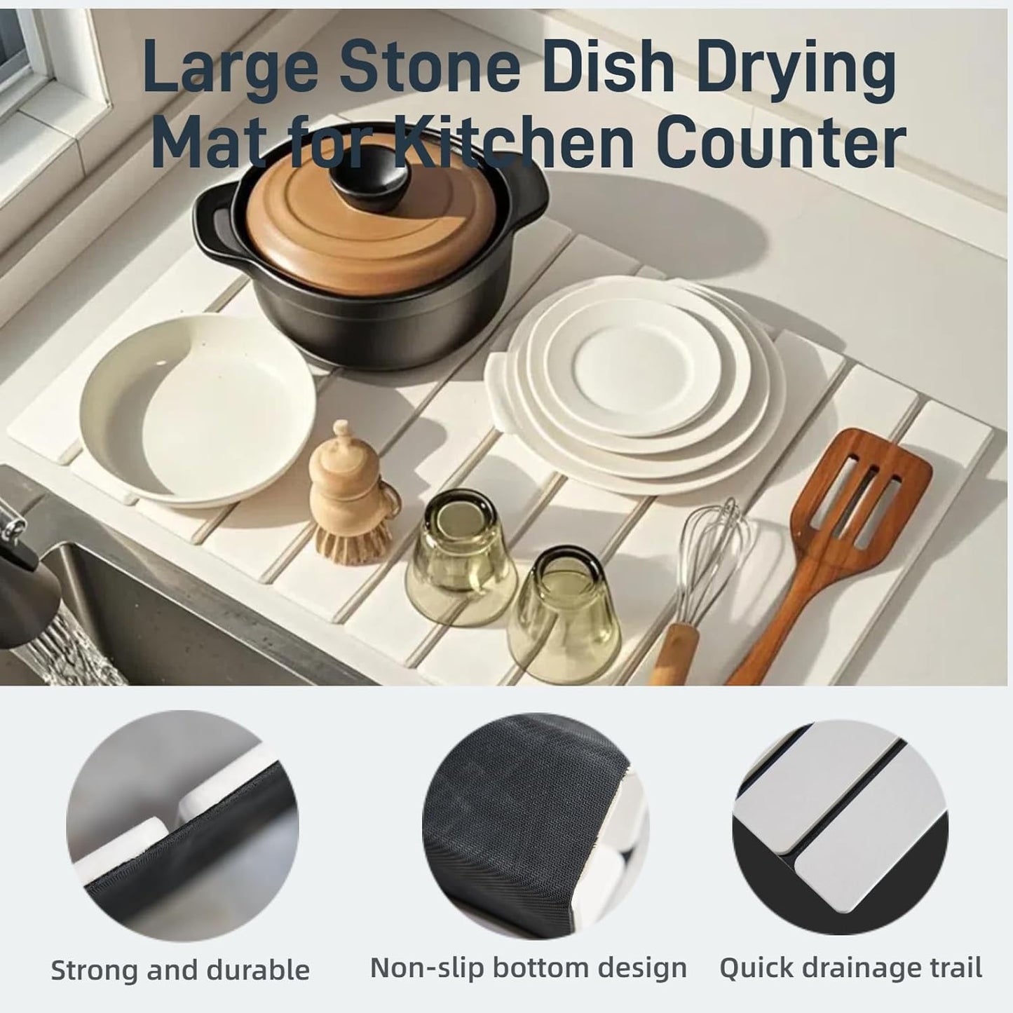 Stone Drying Mat for Kitchen Counter, 23.6" x 15.3" Foldable Diatomaceous Earth Dish Drying Mat - Large Stone Dish Drying Mat for Dishes Cups Bottles Drying, Match Any Countertop (Grey, Large)