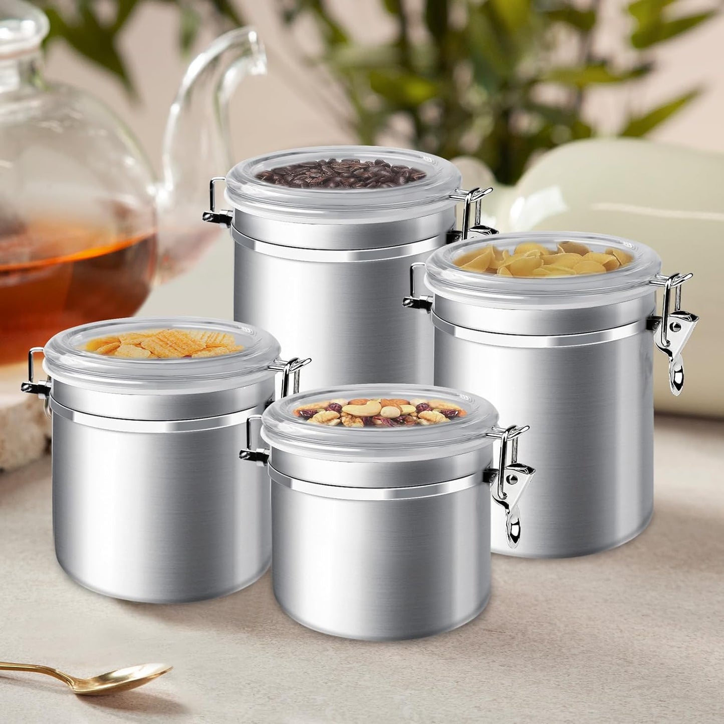 ENLOY 4-Piece Stainless Steel Airtight Food Storage Canister Set with Clear Lid, Containers Sets for Kitchen Counter for Sugar, Flour, Tea, Candy, Cookie, Spice, 28/32/38/65 oz