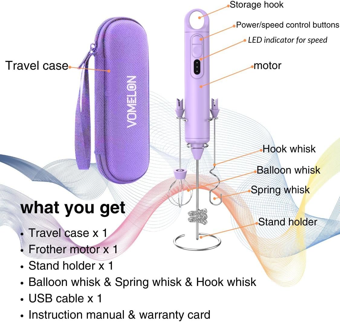 Rechargeable Milk Frother Handheld 3 Speed Coffee Foamer [3 Whisk] Electric Drink Mixer for Latte, Cappuccino, Coffee, Eggs, Hot Chocolate, Purple