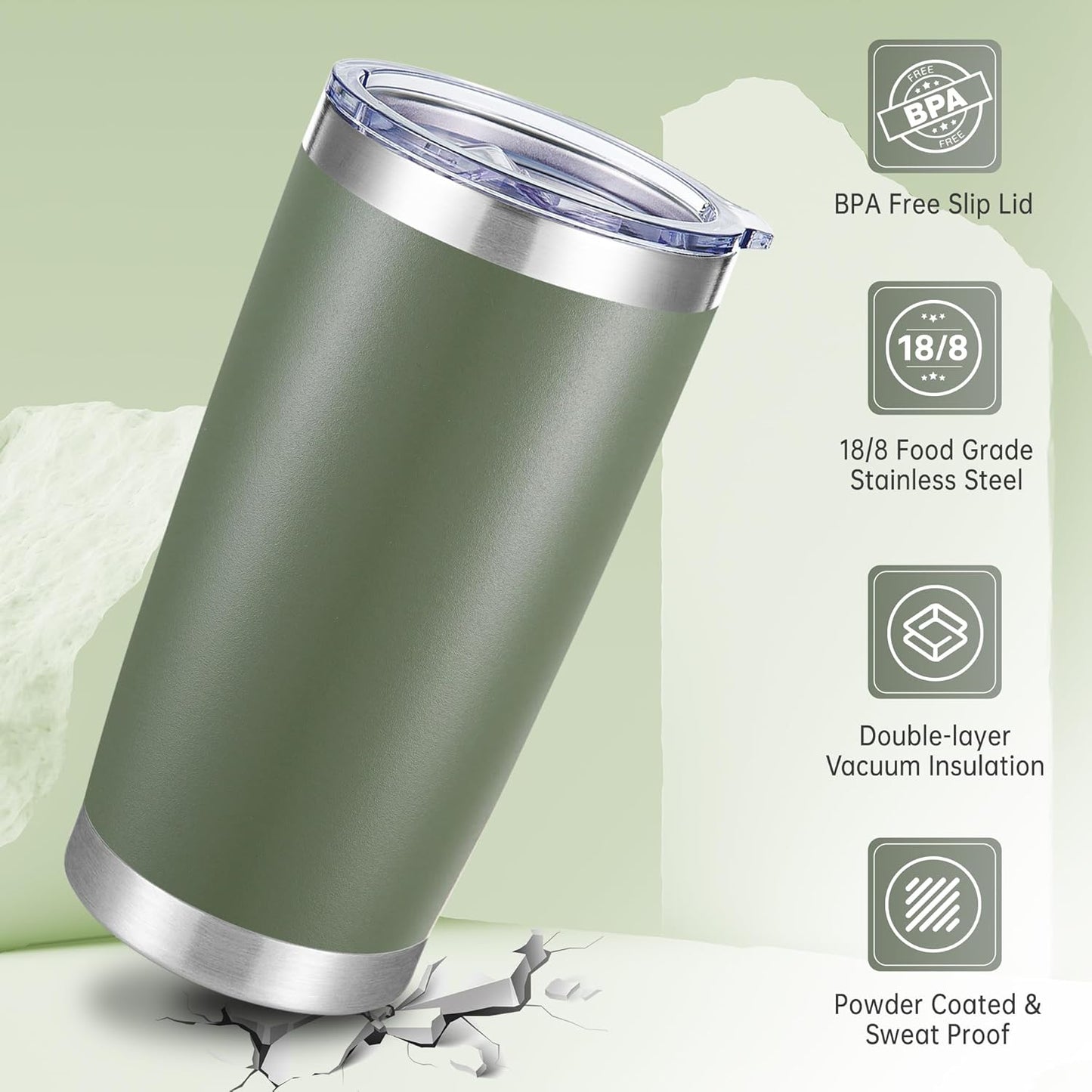 20 oz Tumbler Stainless Steel Tumblers with Lid Double Wall Vacuum Insulated Coffee Mug 20oz Powder Coated Cup for Hot and Cold Drinks, Army Green, 1 pack
