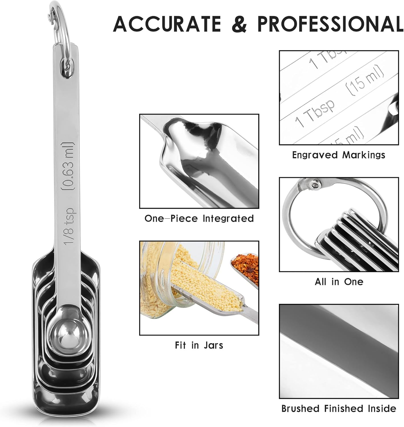 Measuring Cups and Spoons Set, 18/8 Stainless Steel Measuring Cups and Spoons Set for Kitchen & Baking, 5 MeasurE Cups &6 Long MeasurE Spoons&Leveler, Metric Measure Tools for Dry & Liquid