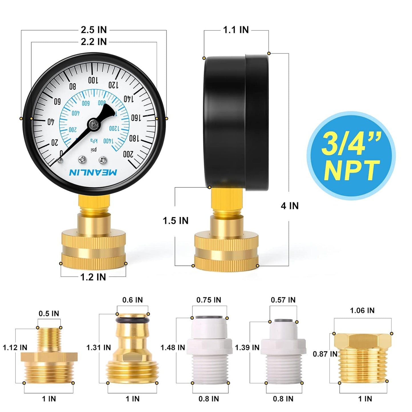 MEANLIN MEASURE 0~200Psi 3/4" Female Water Pressure kit Plus 5 adapters, 2.5" FACE DIAL Multi-Purpose Pressure Gauge kit, Hydraulic Tester,Suitable for Gardens, Water Pipes, etc
