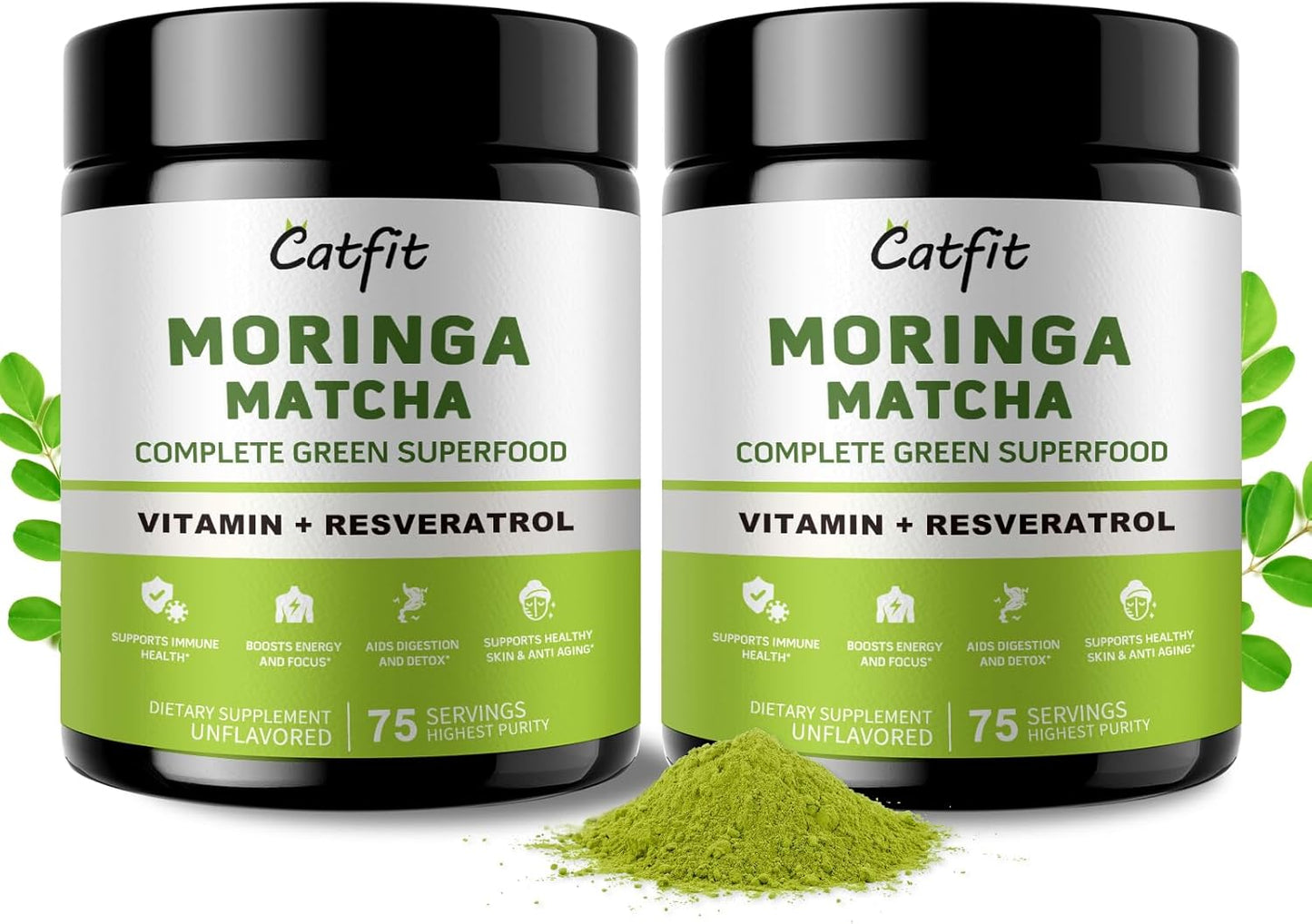 (2 Pack) Moringa Powder – Superfood Blend with Matcha, Green Tea & Resveratrol – Moringa Supplement for Energy, Antioxidant & Immune Support – Vegan, Gluten-Free, Easy-to-Mix Drink (8oz)