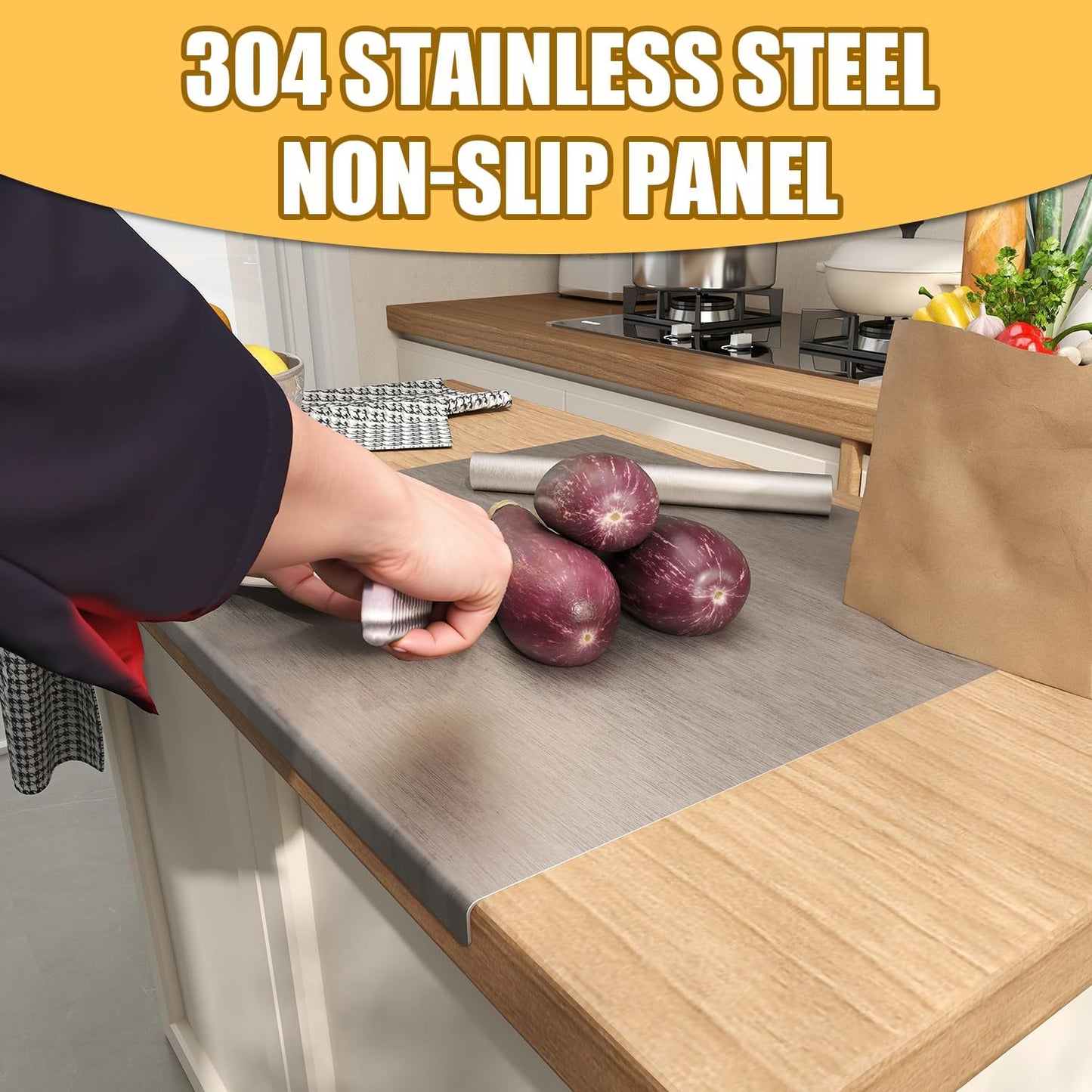 Stainless Steel Chopping Board Extra Large Cutting Board with Lip Stove Top Pastry Board Kneading Board Baking Board with Rolling Pin for Meat Vegetables Fruits Cheese Bread,31.5x 22.8 Inch