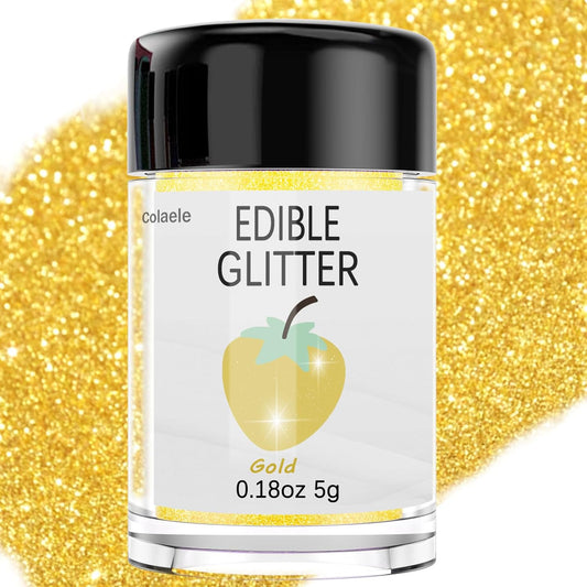 Gold Edible Glitter Glimmer Powder for Cakes Drinks - Colaele 5 grams Food Grade Luster Dust Metallic Food Decorating Sprinkle Disco Brew Dust for Cake Decorations Wine Beverage Candy Dessert, Vegan