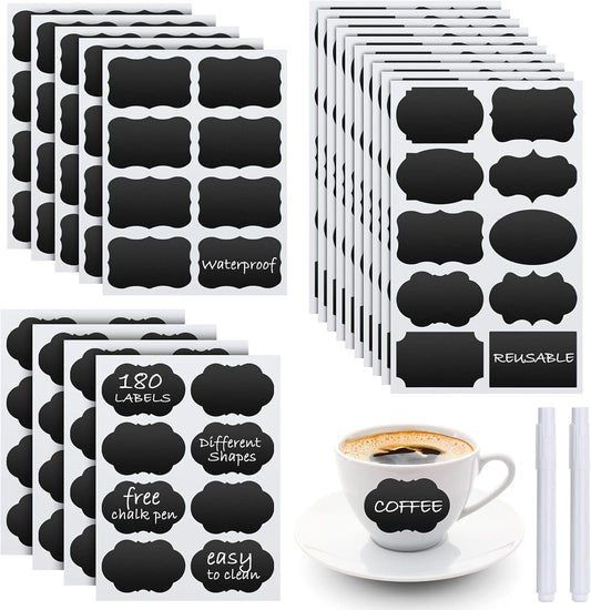 Chalkboard Labels - 180pcs Waterproof Reusable Blackboard Stickers with 2 Free Erasable White Chalk Marker, Mini Decorative Chalk Labels for Jars Containers Kitchen Home Pantry Office