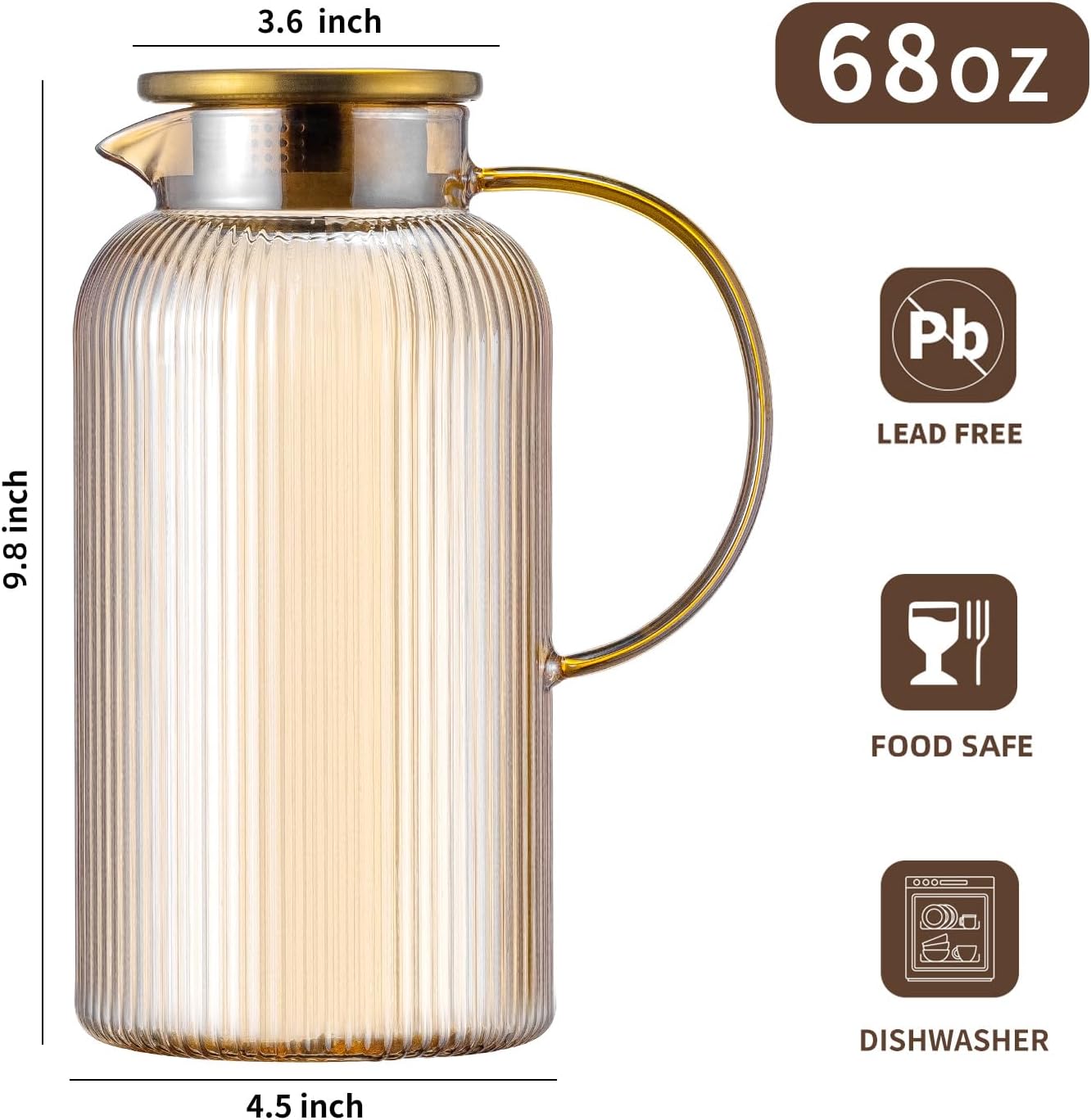 2 PACK Glass Pitcher with Lid, 68 oz/ 2 Liter Amber Classic Vertical Stripes Water Pitcher,Glass Water Carafe for Cold Brew, Coffee, Lemonade, Iced Tea,Beverage, Heat Resistant Water Glass Jug