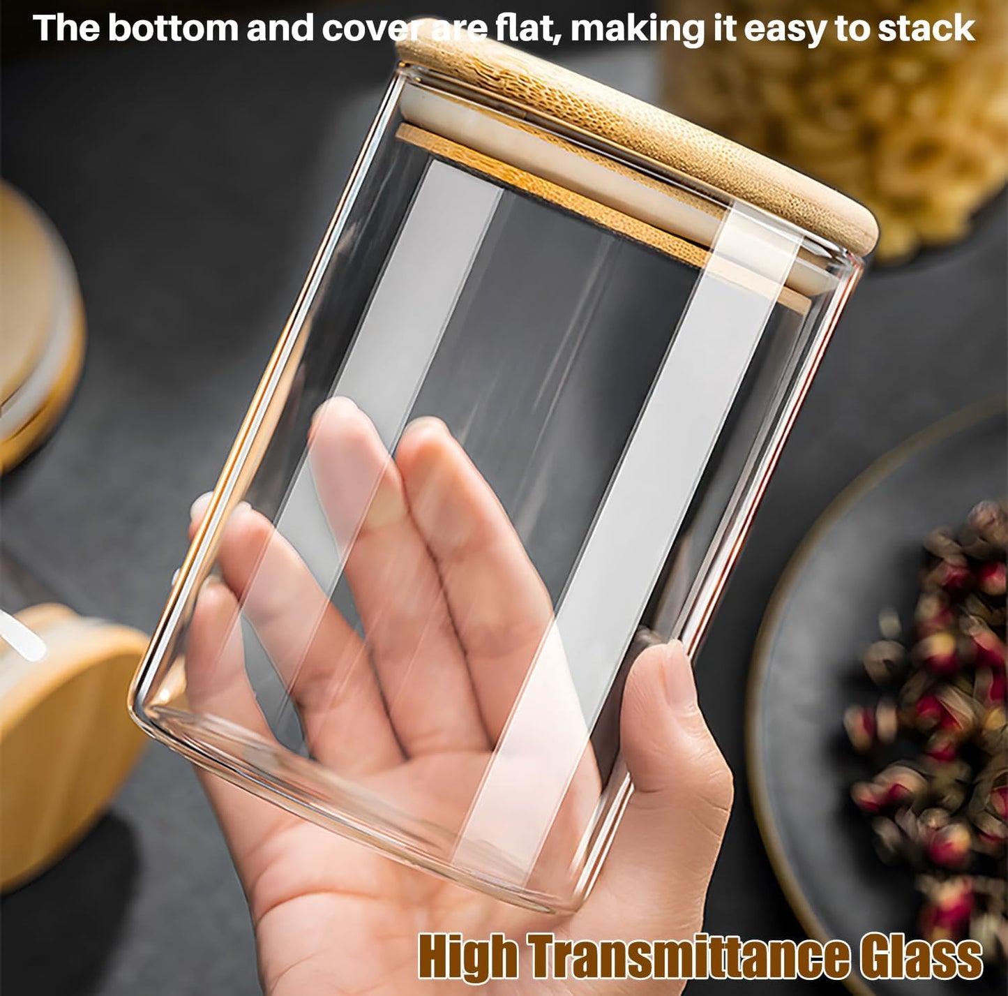 38 oz Glass Food Storage Jars with Airtight Lids, Clear Glass Jar with Bamboo Lid, Airtight Food Canister for Tea, Candy, Coffee, Sugar, Cookie, Snack. (Square | 5+6 Inch)