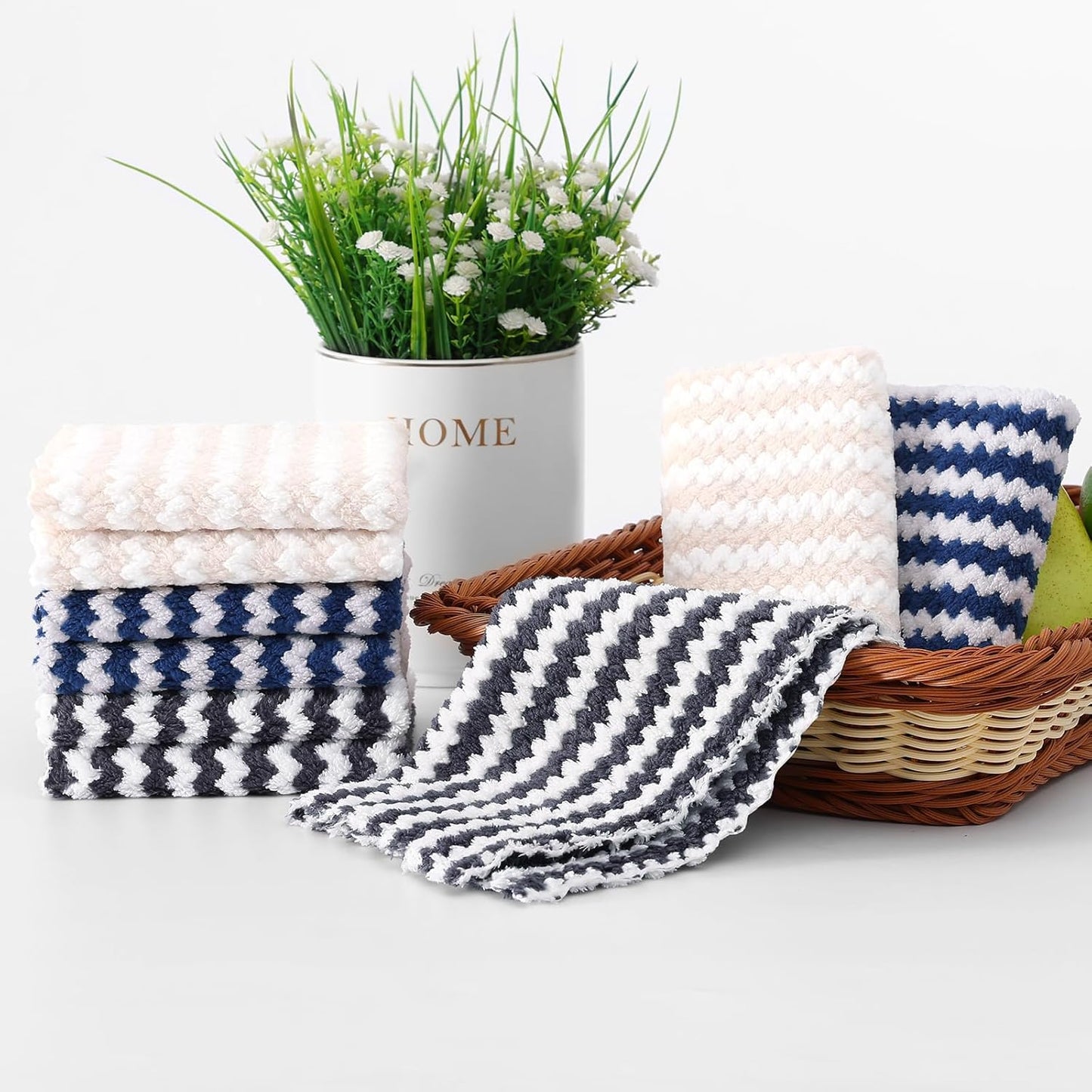 Homaxy 12 Pack Kitchen Dish Cloths, Ultra Soft and Absorbent Dish Towels, Reusable Fast Drying Microfiber Cleaning Cloth, Coral Velvet Wave Design No-lint, 10 x 10 inches, Dark Grey/Navy Blue/Beige