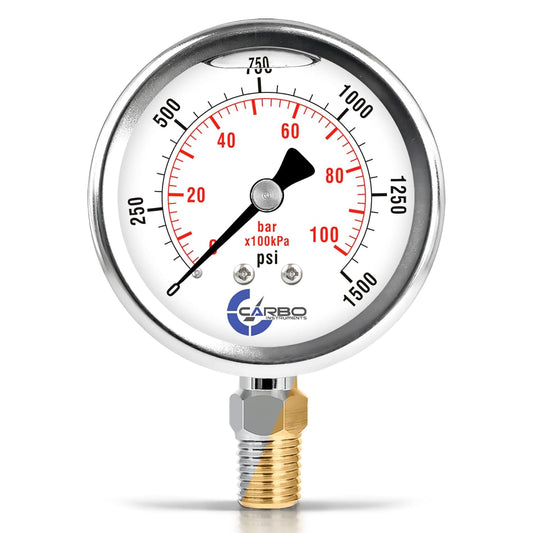 Stainless Steel Pressure Gauge Dual Display (0-1500 psi/kPa) - 2 1-2" Glycerine Liquid Filled Water Air Oil Gas Gauge with Polycarbonate Lens & Brass Connection-1/4 NPT Lower Mount