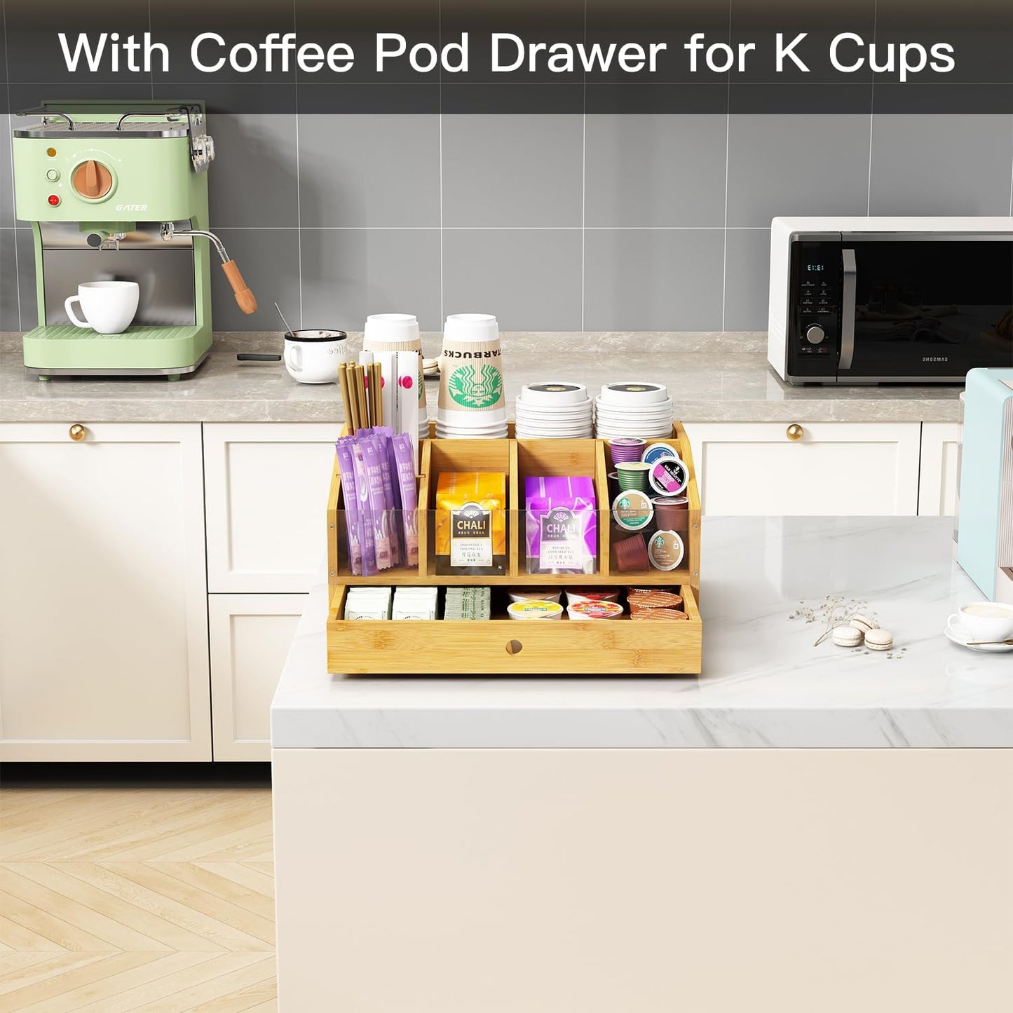 Coffee Station Organizer for Countertop Coffee Condiment Organizer, Office Coffee Station, Small Cute Coffee Bar Organizer – Bamboo & Wooden Storage with Removable Dividers & Drawer