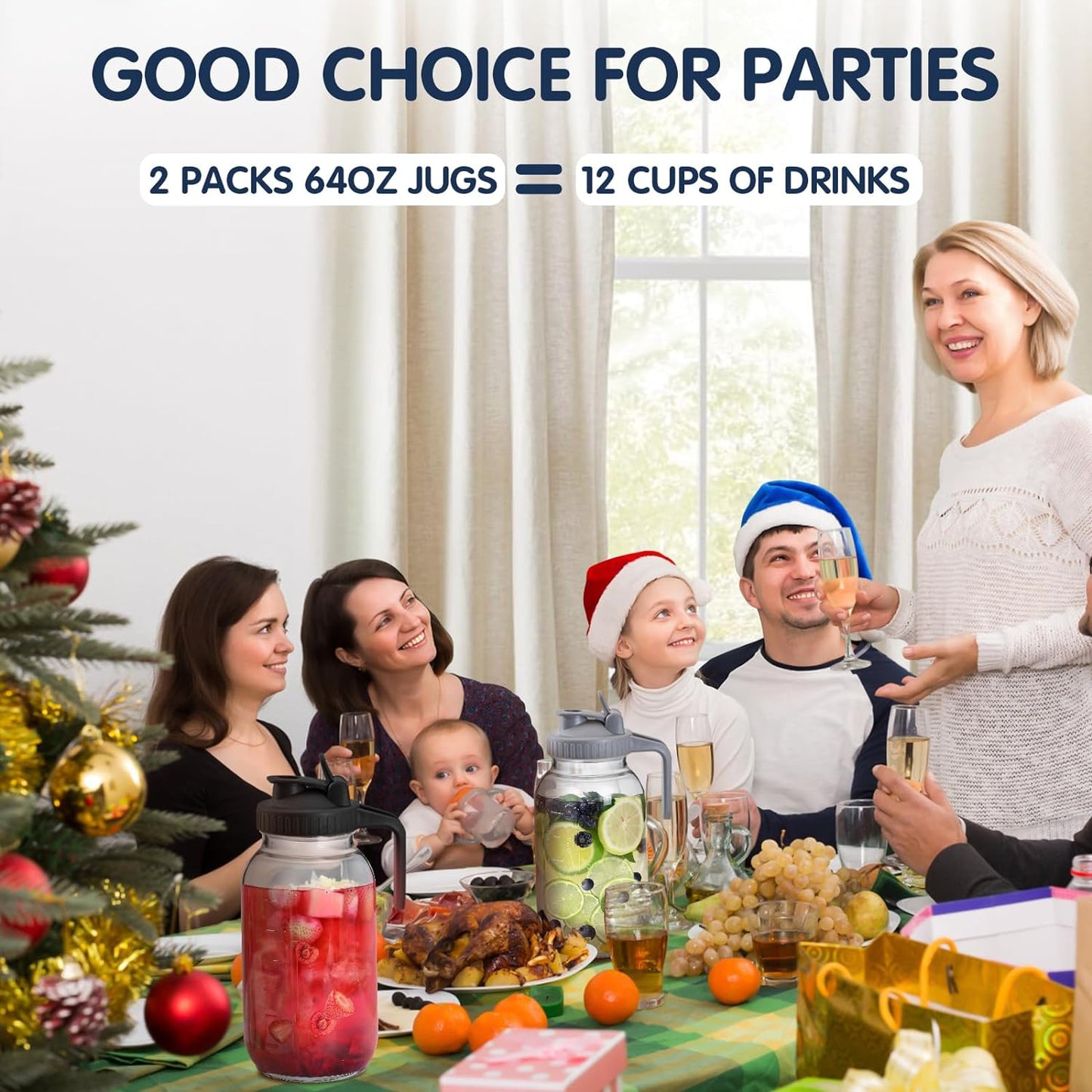 3 Packs 64OZ Glass Pitcher with Lid, Wide Mouth Mason Jar Water Jug, Leak-Proof Airtight Mason Jar for Cold Brew Coffee, Iced tea, Milk, Food Storage, Sun Tea