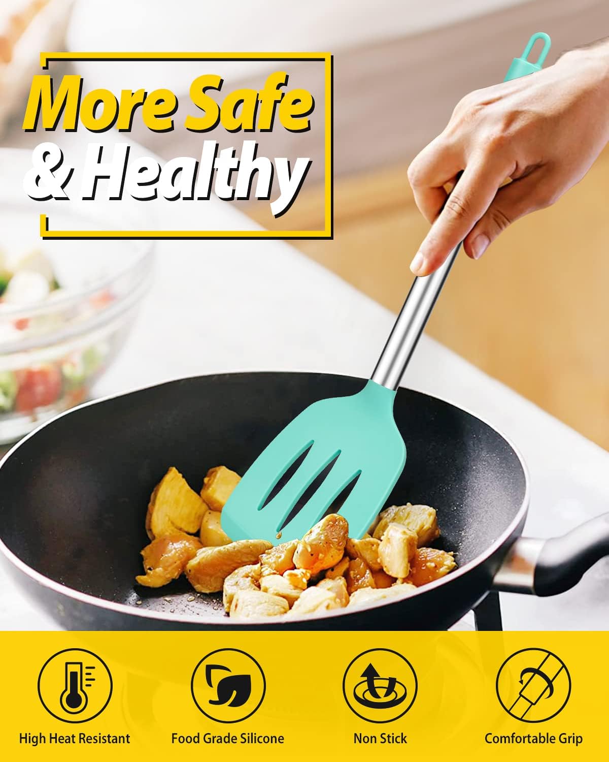 Pack of 4 Silicone Cooking Utensils Set, Non Stick Large Solid Spatulas, Heat Resistant Blue Slotted Spoons, Ideal BPA Free Kitchen Turners for Frying, Mixing,Serving,Draining,Turning,Stirring