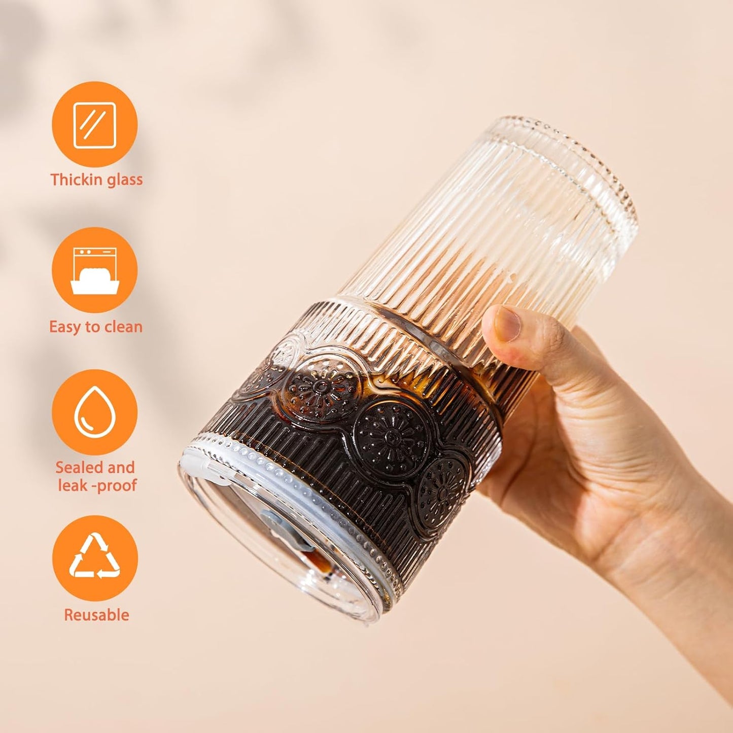 20oz Ribbed & Floral Glass Tumbler Set of 4 – Reusable Glass Cups with Lid and Glass Straw, To-Go Iced Coffee Cups for Water, Smoothie, Milk, Cocktail & More – Perfect for Daily Use & Travel