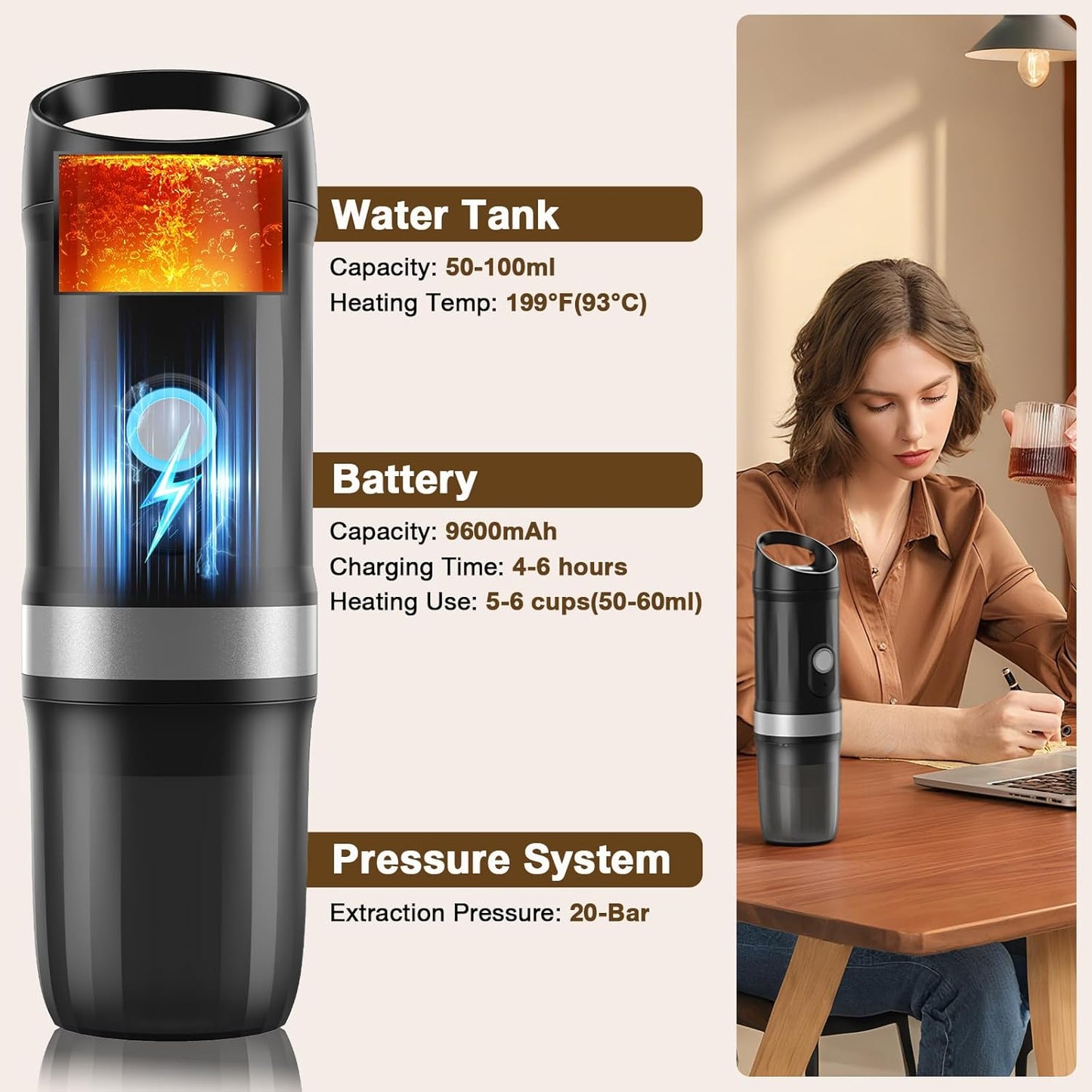 3-in-1 Portable Coffee Maker Fits For Ground Coffee & Capsule Pod(NS&DG),9600mAh&20Bar Mini Battery Espresso Machine For Camping | Office | RV | Travel,Small Self-Heating Electric Coffee Machine