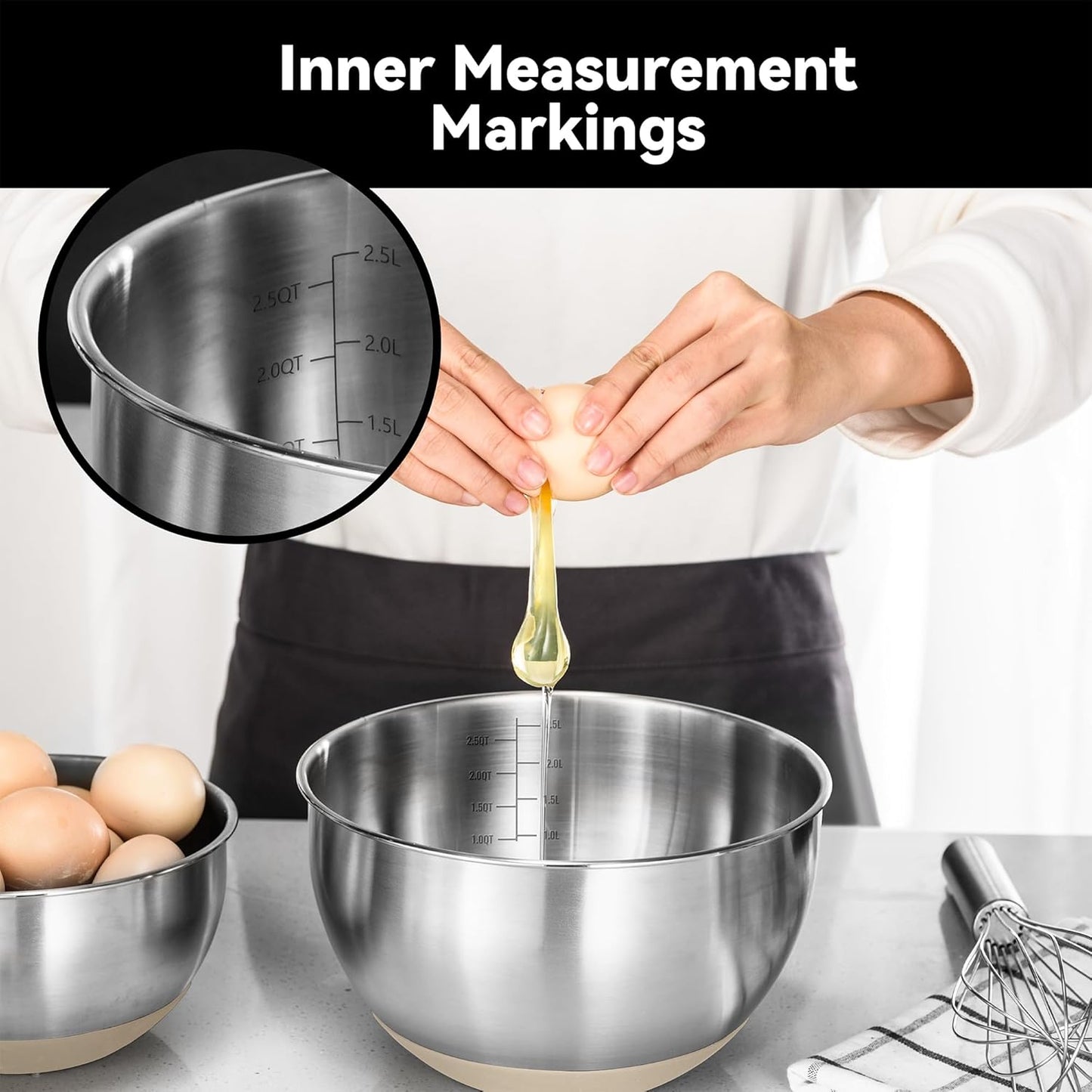 Stainless Steel Mixing Bowls with Lids – Set of 5 Large Nesting Metal Bowls for Kitchen, Baking, Cooking, Food Prep & Storage, Non-Slip Base, Dishwasher Safe,Khaki