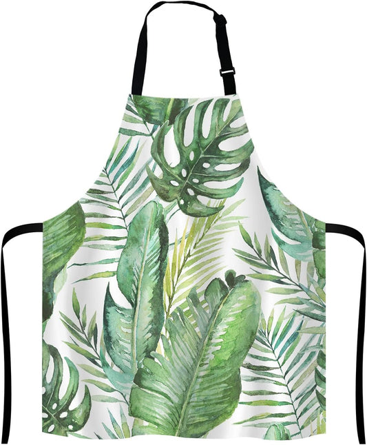 Green tropical palm & fern leaves Adjustable Bib Apron, Tropical Palm Leaves Cooking Kitchen Apron for Men Women