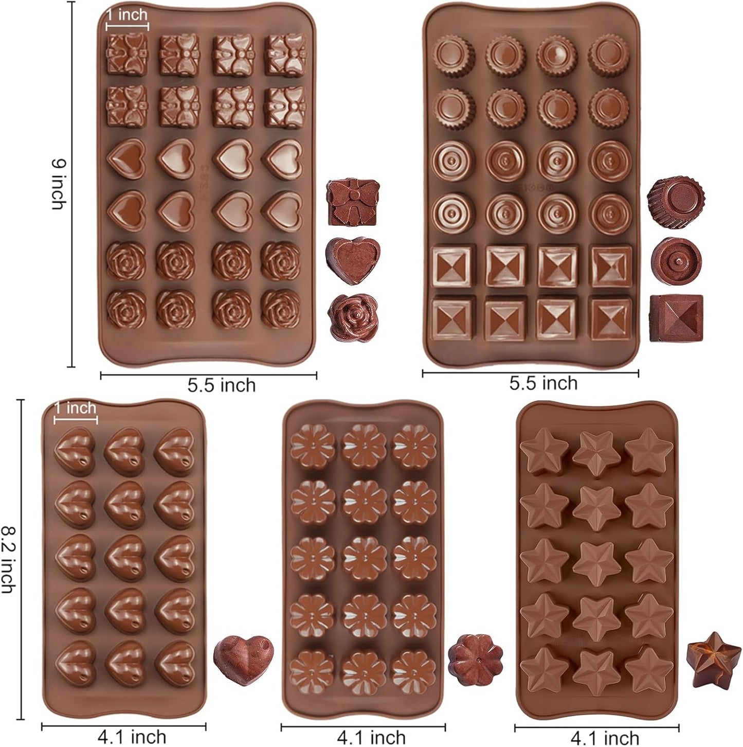 JOERSH 5PCS Silicone Chocolate Molds for Candy, Fat Bombs Snacks & Truffles, 9 Shapes 93 Cavities Candle Soap Wax Melts Mold (Square, Round, Heart, Star, Flower Shapes)