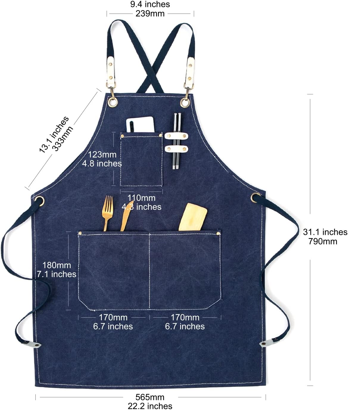 Cotton Canvas Cross Back Apron for Art Painting Garden Chef Bartender Work,Women Men 3 Pockets Waterproof Adjustable M-XXL