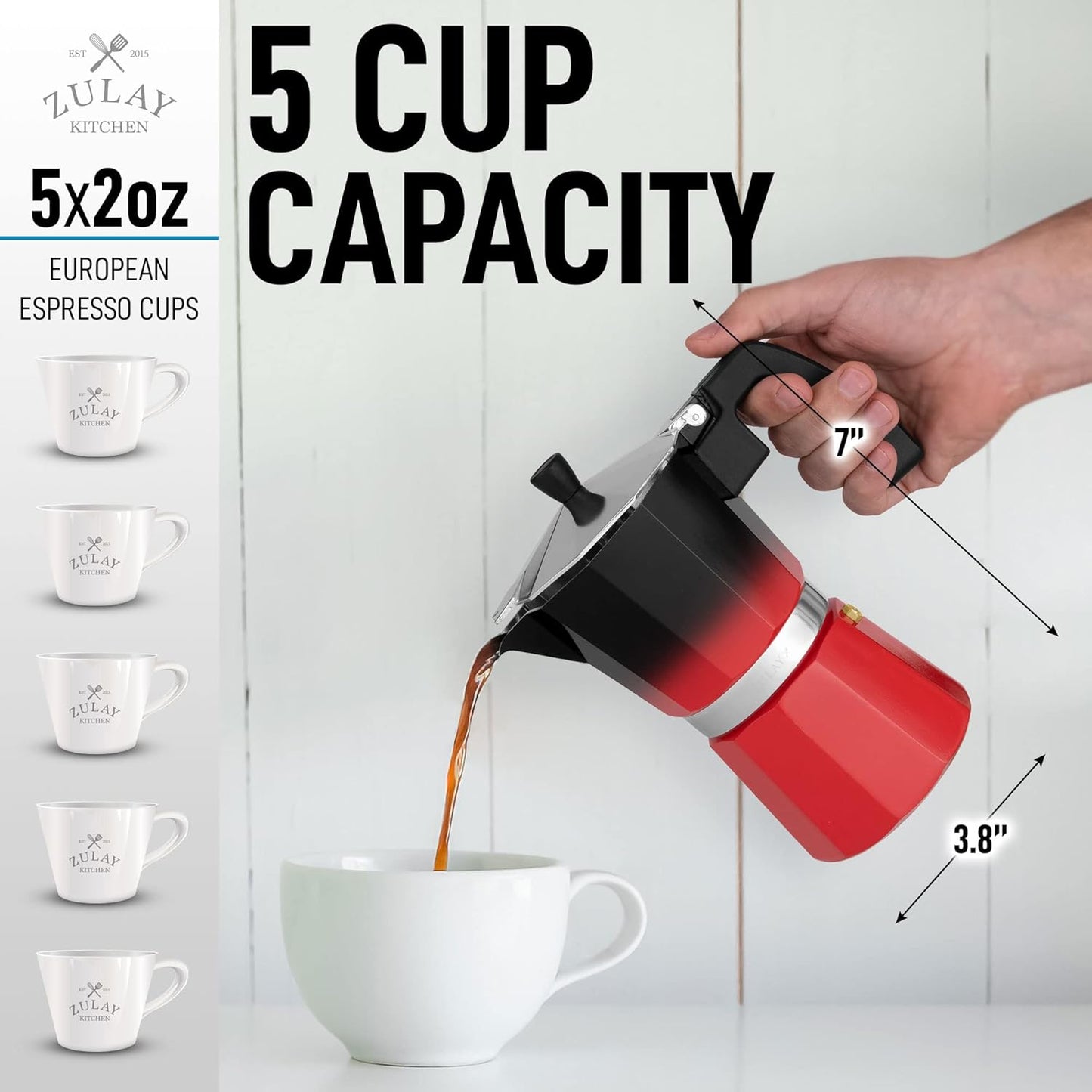 Zulay Kitchen Stovetop Espresso Maker - Moka Pot 5.5 Espresso Cups - Percolator Coffee Maker for Classic Cuban & Italian Style Espresso - Portable Coffee Maker for Camping & Travel - (Black/Red)