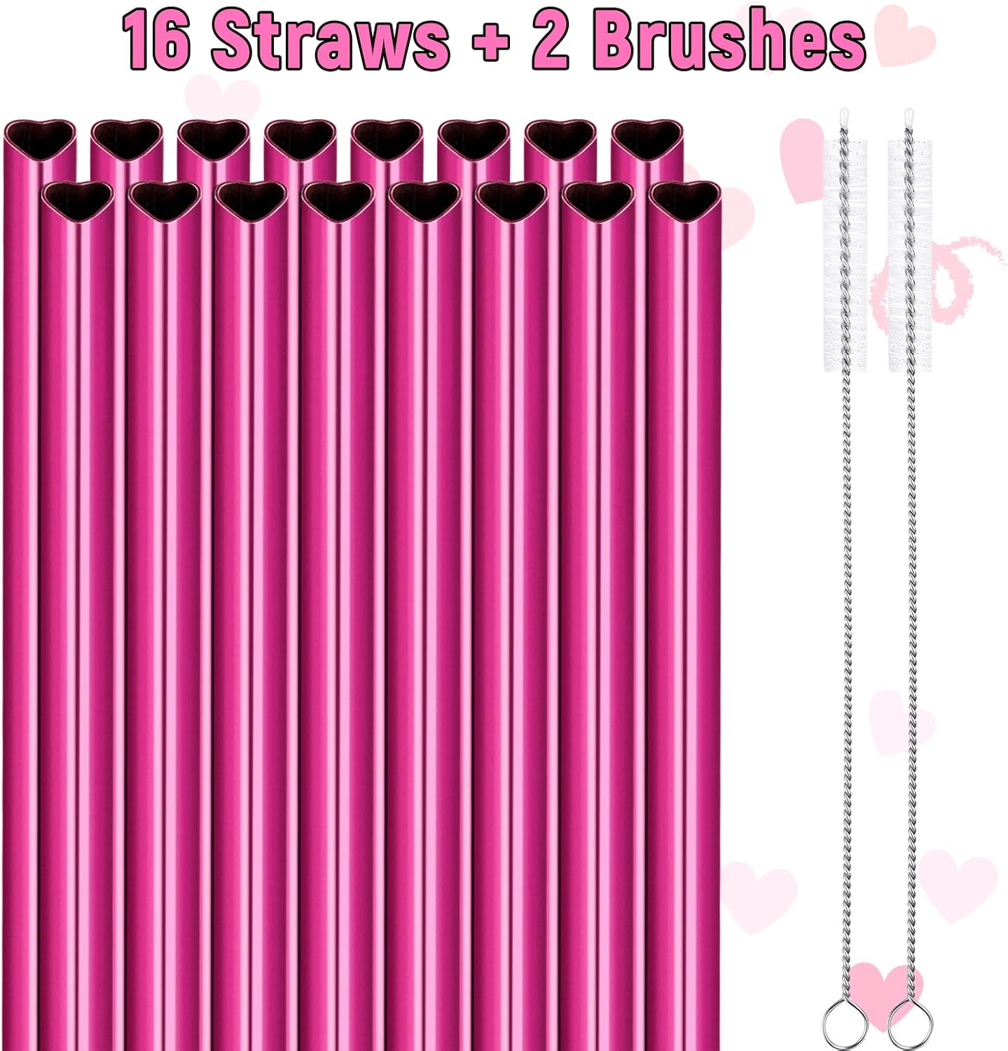 NiHome 16-Pack Heart-Shaped Stainless Steel Drinking Straws with 2 Cleaning Brushes, 8.5" Long Reusable Straws for Stanley Tumbler 14oz, Dishwasher Safe, Safe Edges for Kids (Pearl Hot Pink)
